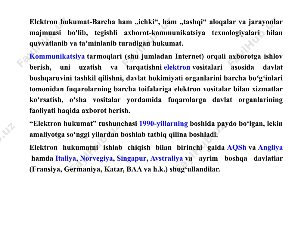 di. tashqi infratuzilma, davlatni fuqarolar (g2c) va tashkilotlar (g2b) bilan oʻzaro ishlashini taʼminlaydigan ommaviy axborot infratuzilmasini qamrab oladi. mamlakatimizda elektron hukumat tizimi o‘zbekiston o‘zbekiston respublikasining «axborotlashtirish to‘g‘risida» va «elektron hukumat to‘g‘risida»gi qonunlari, o‘zbekiston respublikasi prezidentining 2013-yil 27-iyundagi “o‘zbekiston respublikasining milliy axborot-kommunikatsiya tizimini yanada rivojlantirish chora-tadbirlari to‘g‘risida”gi qarori va boshqa qonunchilik hujjatlari asosida amalga oshirib kelinmoqda. amalga oshirilgan yirik loyihalar: yagona interaktiv davlat xizmatlari portali (my.gov.uz) ochiq ma’lumotlar portali (data.gov.uz) me’yoriy-huquqiy hujjatlar loyihalarini muhokama qilish portali (regulation.gov.uz) “litsenziya” axborot tizimlari kompleksi (license.gov.uz) “yagona darcha” markazlari faoliyatini avtomatlashtirish bo‘yicha axborot tizim (birdarcha.uz) axborot tizimlari komplekslari: «kliring» «xarid» «byudjet» «bojxona» «adliya» «sog‘liqni saqlash» «ta’lim» «kommunal» «adliya-2» «nafaqa» «davlat boshqaruvi» elektron hukumat tizimini joriy etishga mas’ul organ va muassasalar: o‘zbekiston respublikasi vazirlar mahkamasi - elektron hukumat sohasida yagona davlat siyosati amalga oshirilishini ta’minlaydi. axborot texnologiyalari va kommunikatsiyalarini rivojlantirish vazirligi - elektron hukumat sohasidagi vakolatli organ bo‘lib, elektron hukumat sohasida yagona davlat siyosatini amalga oshiradi. …