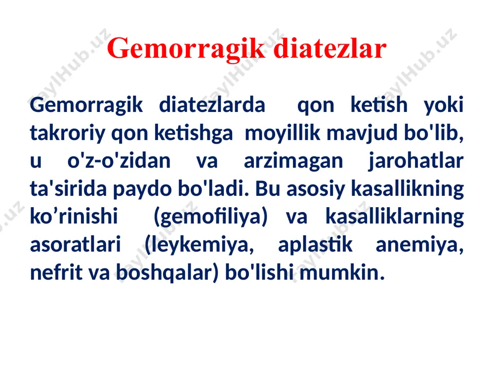 i orttirilgan shakllari orasida ustinlik qiladi: 1. ikkilamchi trombotsitopeniyalar, 2. trombotsitopatiyalar, 3. titqis-sindrom, 4. protrombin kompleksi omillarining etishmasligi va ingibitsiyasi (jigar patologiyasi, mexanik sariqlik, bilvosita antikoagulyantlarning haddan tashqari yuqori dozasi qo’llanilganda), 5. gemorragik vaskulit. boshqa barcha shakllari kam yoki juda kam. gemorragik sindromda kasallik anamnezni to'plash xususiyatlari • qon ketish turi (mahalliy, umumiy); • qon yo'qotish miqdori; • qon ketish chastotasi; • namoyon bo'lish joyi: teri, shilliq pardalar, bo'g'inlar va boshqalar ; • spontan yoki dori-darmonlar qabul qilgandan so'ng, jarohatlar, jarrohlik aralashuvlar; • oilaviy anamnez. gemorragik sindromda fizikal tekshiruvlar gemorragiyaning xususiyatlari: •petexiya; • purpuralar; • eksimoz – "ko'karishlar"; gematomalar; • gemartrozlar; •gematuriya • burun qonashlari; • teleangiektaziyalar va angiomalar. petexiyalar petexiyalar - eritrotsitlarning kapillyarlar devoiri orqali o’tishi bilan asoslangan, 1 -2 mm diametrli teri yoki shilliq qavatlarga nuqtasimon qon ketishlar. dastlab, ular yorqin qizil rangga ega, keyinchalik jigar rangiga o'zgaradi. petexiya teri yuzasidan yuqoriga ko'tarilmaydi va palpatsiya qilinmaydi purpura purpura …