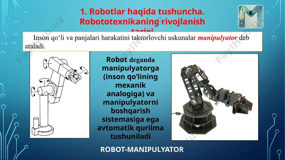 zifani bajaruvchi robotlar; 2-avlod robotlari – boshqarish dasturi va sensorlarga bilan jihozlangan hissiyotga ega, tashqi ta’sirlarga moslashuvchan robotlar; 3-avlod robotlari – boshqarish dasturi, sensorlar tizimi va sun’iy intellektga ega intellektual robotlar. robotlarning sinflanishi robotlar boshqaruviga inson aralashuvi darajasi bo‘yicha bajarayotgan vazifasiga ko‘ra 2. robot boshqaruviga inson aralashuvi darajasi bo‘yicha sinflanishi robotlar boshqaruviga inson aralashuvi darajasi bo‘yicha 2 turga ajratiladi: – biotexnik; – avtonom (yoki avtomatik). biotexnik robotlar. bu masofadan turib boshqariladigan (harakatni takrorlovchi) barcha robotlar; harakatni takrorlovchi robotlar; ekzoskeletlar; inson tomonidan boshqarish pulti orqali boshqariladigan robotlar; yarimavtomatik robotlar. 2. robot boshqaruviga inson aralashuvi darajasi bo‘yicha sinflanishi harakatni takrorlovchi robotlar harakatni takrorlovchi robotlar quyidagi boshqarish strukturasiga ega: ijrochi mexanizmga o‘lchami va ishlatadigan kuchi bo‘yicha masshabli o‘xshash organ (odatda, manipulyator); to‘g‘ri va teskari aloqa signallarini yetkazish vositalari; robot faoliyat ko‘rsatadigan muhitni operatorga ko‘rsatuvchi vosita. operator tomonidan ishlab chiqilgan harakat ijrochi organ tomonidan ikki tomonlama nazorat tizimlari yordamida masshtabli koeffitsient aniqligida takrorlanadi. “telerobot” …