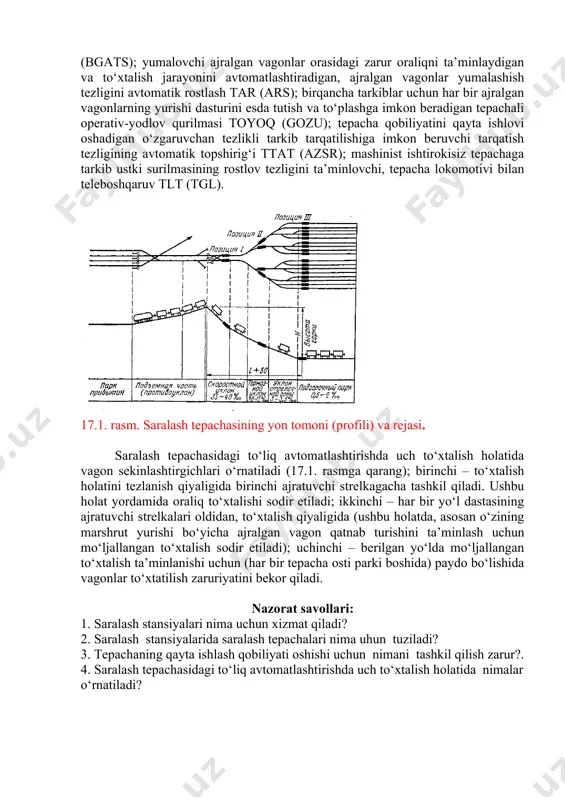 . ushbu jarayon qiyinchiligi tufayli, operator oraliqlarni to‘g‘ri rostlash holatida emas, shuning uchun tepachani mexanizatsiyalash va avtomatlashtirish talab qiladi. taqsimlangan mintaqaning strelkasini, mexanizatsiyalashda tepachali markzlashtirgichga ulaydi va operator yaxshi chopqichlarni (begun; qiyalikdan qo‘yib yuboriladigan vagonlar) to‘xtatish, yomon chopqich chirmashishiga yo‘l qo‘yilmasligi yordamida vagon sekinlashtirgichlari o‘rnatiladi, tepacha osti yo‘llariga kirishda vagonlar «urushishi» ga yo‘l qo‘ymaydi. biroq, mexanizatsiyalash vositasi barcha o‘suvchi vagon oqimi qayta ihlashi uchun etarli emas va tarkiblar to‘liq avtomatik jarayonda hosil qilinishi talab qiladi. tepachada tarkiblarni bo‘lib yuborish avtomatlashtirilgan jarayoniga quyidagi tizimlar kiradi: ajratilgan vagonlar marshrut bo‘yicha yurishida strelkalarni avtomatik o‘tkazilishini ta’minlaydigan, blokli tepachali avtomatik markazlashtirgich btam (bgats); yumalovchi ajralgan vagonlar orasidagi zarur oraliqni ta’minlaydigan va to‘xtalish jarayonini avtomatlashtiradigan, ajralgan vagonlar yumalashish tezligini avtomatik rostlash tar (ars); birqancha tarkiblar uchun har bir ajralgan vagonlarning yurishi dasturini esda tutish va to‘plashga imkon beradigan tepachali operativ-yodlov qurilmasi toyoq (gozu); tepacha qobiliyatini qayta ishlovi oshadigan o‘zgaruvchan tezlikli tarkib tarqatilishiga imkon beruvchi tarqatish …