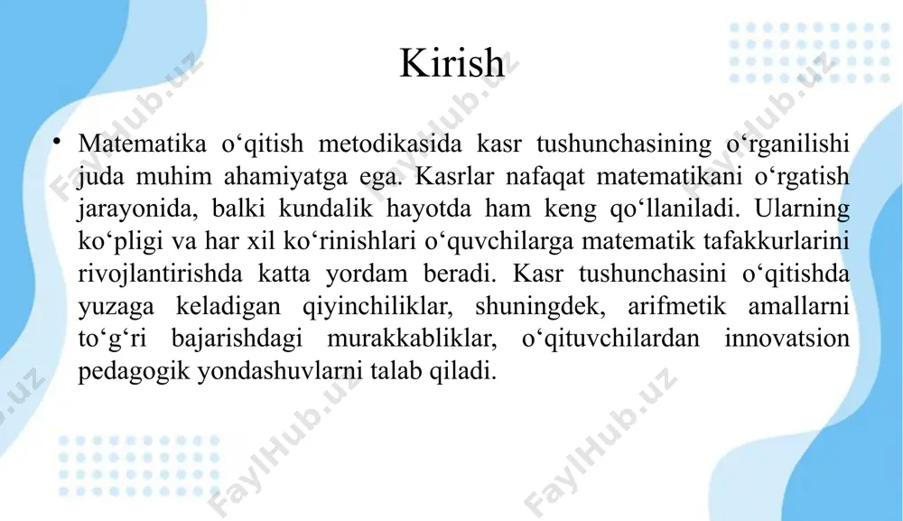 i – bu o‘quvchilarni faol ishtirok etishga undashga qaratilgan metodlar. ular o‘quvchilarning o‘rganish jarayoniga to‘liq jalb qilishni, ular tomonidan amalga oshiriladigan mustaqil ishlarni rag‘batlantirishni maqsad qiladi. loyiha mazmuni tanlangan mavzuning o‘quv jarayonidagi ahamiyati. kasr tushunchasini o‘rgatish metodikasi matematika darslarida muhim o‘rin tutadi, chunki bu tushuncha matematik fikrlashni rivojlantirishda va amaliy hayotda qo‘llaniladigan ko‘plab ko‘nikmalarni o‘z ichiga oladi. mavzu bo‘yicha o‘quv materiallarini tanlash va ishlab chiqish usullari. kasrlarni o‘rgatish materiallarini tanlashda quyidagi asosiy mezonlarga e'tibor qaratish lozim: mavzuga mosligi: o‘quv materiallari kasrlarning ta'rifi, turlari, qo‘shish, ayirish, ko‘paytirish va bo‘lish amallari bilan bog‘liq bo‘lishi kerak. i. kasr tushunchasi va uning asoslari 1.1. kasr tushunchasining ta'rifi va tarixiy rivojlanishi kasr tushunchasi ta'rifi kasr — butun bir birlikning teng qismlaridan bir yoki bir nechta qismini ifodalovchi son. matematikada kasrlar, odatda, bir butun sonni kichikroq qismlarga bo‘lishni ifodalaydi va bu nisbiy qiymatlar sifatida ishlatiladi. kasrlar o‘tkazish, qo‘shish, ayirish, ko‘paytirish va bo‘lish amallarini bajarishda keng qo‘llaniladi. …