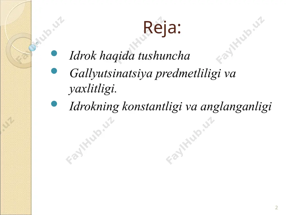 qaratilmagan bo‘lar edi. * idrokning murakkabligi sezgilar oddiy elementar psixik jarayondir. idrok esa sezgilarga qaraganda murakkab psixik jarayon hisoblanadi. * idrokning predmetliligi va yaxlitligi. predmetlilik idrokning sifati tarzida ish-harakatlarni boshqarishda alohida rol o‘ynaydi. bu xususiyat yordamida tashqi olamdan olingan ma’lumotlarni ana shu olamning o‘ziga solishtirib ko‘riladi va idrok obrazlarining real predmetlariga adekvat (mosligi) taminlanadi. tashqi olam bilan aks ettirilishi mos kelmay qolgan xollarda odam to‘g‘riroq aks ettirishni ta’sinlovchi idrokning yangi usullarini qidirishga majbur bo‘ladi. * idrokning yaxlitligi. yukorida ko‘rsatganimizdek, idrok sezgi a’zolariga ta’sir kiluvchi narsa va hodisalarning ayrim xususiyatlarini aks ettiruvchi sezgilardan farqli ravishda, narsalarning yaxlit obrazidir. o‘z-o‘zidan ravshanki, bu yaxlit obraz turli modallikdagi sezgilar orkali olingan narsalarning ayrim xususiyat va sifatlari haqidagi bilimlarni umumlashtirish asosida vujudga keladi. * idrokning murakkabligi quyidagilarda ifodalanadi: har bir idrok tarkibiga ayni vaqtda bir necha sezgi kiradi. masalan, qovunni idrok qilish. bunda quyidagi sezgilar ishtirok etadi qovunning shakli va rangini aks etgiruvchi ko'rish sezgisi, …