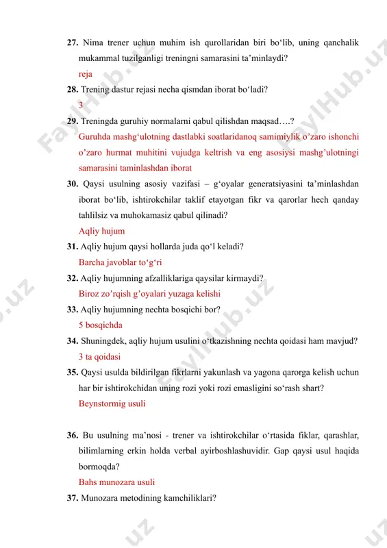 o‘tkaziladigan psixogimnastik mashqlarning asosiy samaradorligini ta’minlovchi qismi – bu…? yoʼriqnoma 44. nima uchun trener har bir mashqni vaqtida to‘xtatish va muhokama qilish texnikasini puxta egallashi zarur? mashhulot qizqarli boʼlgan uchun davom etishini istaydilar bu esa trening samarasini pasayishiga olib keladi 45. ishtirokchilarning psixogimnastik mashqdan ….. da, uni yakunlash kerak. qoniqish yuqori darajasiga yetganda 46. psixogimnastika mashqining muhokamasi qaysi vaqtda o‘tkazilisi shart? mashqning ya 47. trening jarayonida o‘tkazilgan har qanday o‘yin o‘zida necha xil mazmunni aks ettiradi? 2 xil 48. nimaning ma’nosi, treningni olib boruvchi uchungina ma’lum bo‘lib, bunda guruh bilan ishlash jarayonida trener o‘z oldiga qo‘ygan muayyan vazifalarni amalga oshirishi ko‘zda tutiladi? oʼyinig 49. har qanday o‘yin ma’lum bir davrda va vaqtda o‘ynaladi. bu o‘yinning qaysi belgisi? chegaralanganlik 50. o‘yinlarni o‘ynash jarayonida ishtirokchilarda ham jismoniy, ham aqliy, ham ma’naviy, eng asosiysi ruhiy qadriyatlar rivojlantiriladi. bu o‘yinning qaysi belgisi? estetik 51. o‘yinda erkinlik mavjud bo‘lib, mana shu narsa ishtirokchilarni o‘ziga jalb …