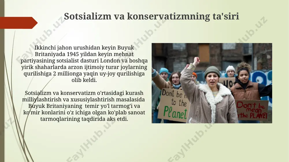 ng aholisini kamaytirdi va janubdagi shaharlarning aholisini ko'paytirdi. 1948 yilda qabul qilingan "britaniya fuqarolariga umumiy immigratsiya to'g'risida"gi qonun, yevropa va britaniya imperiyasi mamlakatlaridan kelgan ko'plab muhojirlarning britaniyaga ko'chib kelishiga imkon yaratdi, bu esa mamlakatning demografik xaritasini o'zgartirdi. ayollar va jamiyat urushdan keyingi davrda angliyada ayollarga ta'lim olish imkoniyatlari kengaydi, ammo oliy o'quv yurtlariga qabul qilishda gender tengsizligi saqlanib qoldi, ayniqsa, kembrij va oksford kabi nufuzli universitetlarda. 1940-yillarning oxiri va 1950-yillarning boshlarida angliyada 2 millionga yaqin ayollar uy bekaligi bilan bir qatorda, qisman ish bilan band bo'lib, oila byudjetini qo'llab-quvvatlashga hissa qo'shishdi. ishsizlik va mehnat bozori ikkinchi jahon urushidan keyin buyuk britaniyada ishsizlik darajasi 2 millionga yetdi, bu butun mamlakat bo'ylab, ayniqsa london va manchester kabi yirik shaharlarda ijtimoiy tartibsizliklarga olib keldi. 1945-yildan 1951-yilgacha buyuk britaniyaning shimoliy hududlarida ko'mir konlarida ishchilar soni 700,000 dan 600,000 ga kamaydi, bu esa iqtisodiyotga salbiy ta'sir ko'rsatdi. britaniya imperiyasining parchalanishi 1960-yillarga kelib, afrika qit'asidagi ko'plab …