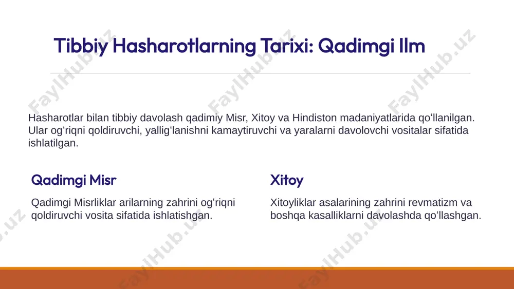 oqa qilingan taqdirda zaharga qarshi dori-darmonlarni qoʻllash kerak. 10 xulosa va tavsiyalar: kelajakda tibbiyotda hasharotlarning qoʻllanilishi hali ham rivojlanib bormoqda. ularning zahrlari va boshqa moddalari yangi dori-darmonlar ishlab chiqarishda qoʻllaniladi. 11 image2.png image3.png image4.png image5.png image6.png image7.png image8.png image9.png image10.png image11.png