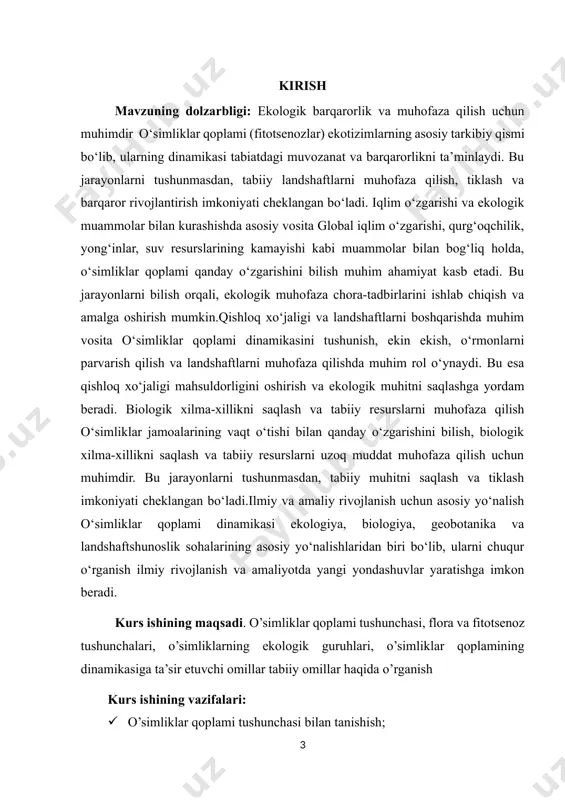 tushunchalari o‘simliklar qoplami — bu ma’lum bir hududda o‘sadigan barcha o‘simliklarning umumiy yig‘indisi, ya’ni o‘simlik jamoasi yoki fitotsenoz. u o‘simliklarning turli turlari va ularning o‘zaro munosabatlarini o‘z ichiga oladi. asosiy jihatlari: tarkib: o‘simliklar qoplami turli o‘simlik turlaridan iborat bo‘lib, ular bir-biri bilan o‘zaro ta’sirda bo‘ladi. bu turlar o‘simliklarning balandligi, yashash shakli (daraxt, buta, o‘t, lichinka va boshqalar) bo‘yicha farq qiladi.qatlamlar: o‘simliklar qoplami ko‘pincha bir nechta qatlamlardan tashkil topadi — masalan, daraxtlar qatlami, butalar qatlami, o‘tlar qatlami va boshqalar. har bir qatlam o‘ziga xos ekologik sharoit va funktsiyaga ega. funksiyasi: o‘simliklar qoplami ekotizimning asosiy qismi bo‘lib, u atmosferadan karbonat angidridni so‘rib, kislorod ajratadi, tuproqni himoya qiladi, suv aylanishida ishtirok etadi va hayvonlar uchun yashash joyi va oziq manbai bo‘ladi. dinamikasi: o‘simliklar qoplami doimiy ravishda o‘zgarib turadi — yangi o‘simliklar paydo bo‘ladi, ba’zilari yo‘qoladi, bu jarayonlar sindinamika deb ataladi. muhimligi:o‘simliklar qoplami tabiiy muhitning barqarorligini ta’minlaydi. u ekologik tizimlarning sog‘lom ishlashida muhim rol …