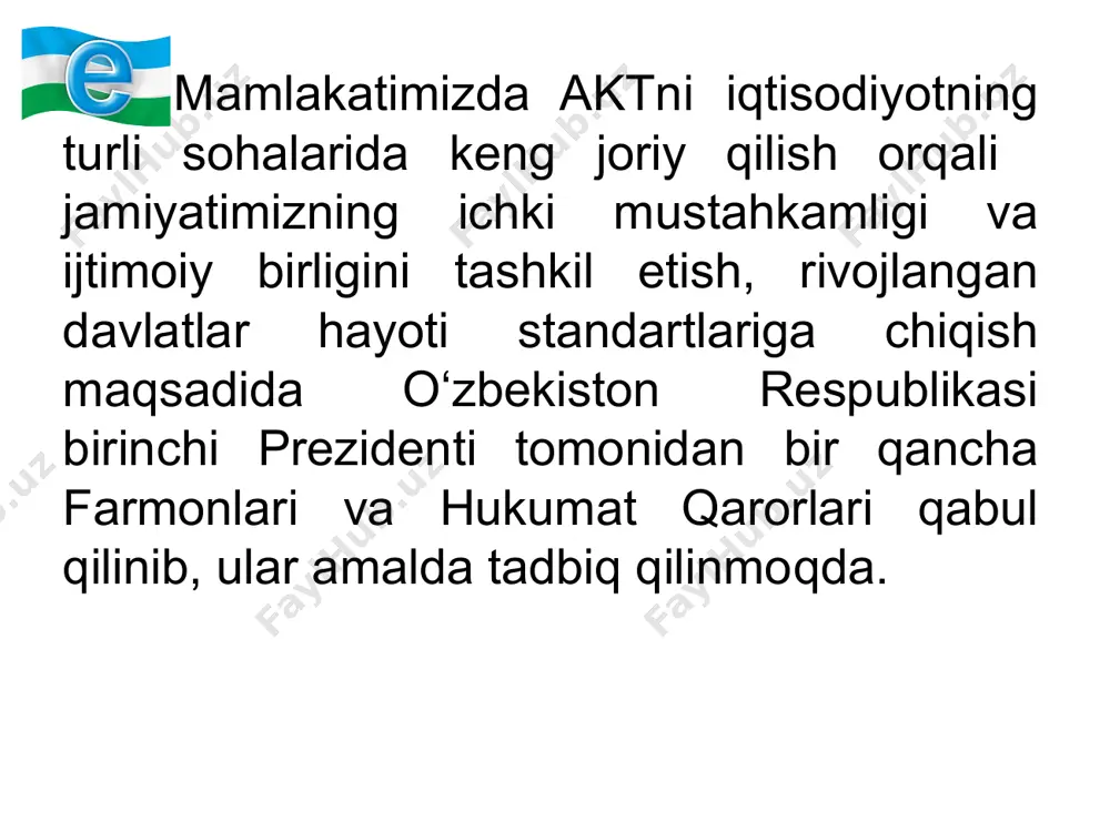 ni sifat jihatidan boshqacha tashkil etish va boshqarish hamdir. 10 davlat tashkilotlarini real vaqt - onlayn tizimiga ulash davlat sektori va fuqarolar o‘rtasidagi yagona elektron vosita bilan ta’minlash, o‘zbekiston respublikasi zamonaviy axborot asriga kirishga jiddiy maqsadlar qo‘yayotganligini ko‘rsatadi. aktni davlat boshqaruviga kiritishga katta e’tibor qaratilganligini hisobga olib, davlat hukumati tomonidan 2003-2010 yillarda davlat boshqaruvida elektron texnologiyalarni joriy etish dasturi tayyorlangan edi. ushbu dastur davlat boshqaruvida elektron hujjatlar aylanishini keng targ‘ib qilish, fuqarolarga ko‘rsatilayotgan xizmatlar darajasini yaxshilash va hukumat tomonidan qabul qilinayotgan qaror va qonunlarni oshkoraligini ta’minlash chora-tadbirlari to‘g‘risidadir. birinchi bosqichda davlat boshqaruv organlarida davlat xizmatlari haqidagi ma’lumotlar (jumladan mansabdor shaxslarning qabul vaqti, xizmat telefonlari) joylashtirilgan veb sahifalari ochiladi. ikkinchi bosqichda ma’lumotlarni to‘liq jamlagan davlat organlarini qidirish imkoniyatini beradigan ma’lumotlar bazasi to‘zilib, qilingan murojaatlarga elektron pochta orqali javob berilishini ta’minlaydi. ular fuqarolarni davlat portaliga kirib, bir qator “interaktiv xizmatlar” orqali turli shakllarni to‘ldirish imkonini ko‘rsatadi. uchinchi bosqichda moliyaviy va huquqiy xizmatlar …