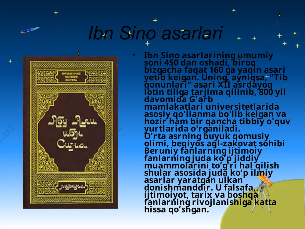 qilgan paytlarida shaharning geografik uzunligini o’z davri uchun butunlay yangicha usulda aniqlab bergan. bu usulyevropada 500 yildan keyin. 1514 yili astronom verner tomonidan qaytadan kashf qilingan.allomaning, ayniqsa,tibbiyot sohasida ta’limoti bebahodir. bobokalonimizning bemorga tashxis qo’yish usullaridan ayrimlari hozircha ham qadrini yo’qotgani yo’q. u abadiy davom etadi istiqlol – abu ali ibn sinoning izzat-hurmatini, qadrini, xotirasinigina emas, uning g’oyalarini ham tikladi. bobokalonimiz “aqsom al-ulum al aqliya”(aqli ilmlar tasnifi) asarining amaliy falsafa qismida insonlar o’zaro totuv,hamkorlikda, bir-birlariga ko’mak berishga shay holatda yashasalar,o’zaro kelishilgan qonunlar asosida jamiyatda adolatni barqaror qilsalar,yuksak axloqiy hislatlar:to’g’riso’zlik,qat’iyat,kamtarlik,jasurlik, sofdillik, tashabbuskorlik jamiyat va uning a’zolari fazilatiga aylansa,qabul qilingan qonunlar ustuvor bo’lsa,unga bo’ysunib ish yuritish taomilga kirsa,ideal jamiyat shu mavjud dunyoda barpo rtish mumkin,deb ta’kidlaydi.mustaqilligimizning ilk kunlaridan bugunga qadar biz yurtboshimiz rahnamoligida ana shunday barqaror jamiyat sari qadam tashlanayotganini ko’ramiz tib ilmining sarvari. abu ali al-husayn ibn abdulloh ibn al-hasan ibn ali sharqda ibn sino, g’arbda avisenna nomi bilan tanilib, tibbiyot fanining …