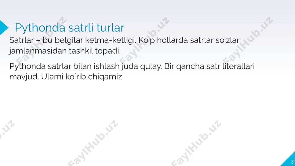 oshlanishini tekshirish s.upper() satrni yuqori registrga o`zgartirish s.lower() satrni quyi registrga o`zgartirish s.starswith(str) s satr str shablonidan boshlanishini tekshirish s.endswith(str) s satr str shabloni bilan tugashini tekshirish s.join(ro`yxat) s ajratuvchiga ega ro`yxatdan qatorni yig`ish pythonda funksiyalar 17 ord(belgi) belgiga mos ascii kodni qaytaradi chr(son) ascii kodga mos belgini qaytaradi s.capitalize() satrning birinchi belgisi yuqori registrda qolganlarini quyi registrga o`tkazadi. s.center(width,[fill]) chegaralari bo`yicha fill (jimlik holatida probel) belgisi turuvchi markazlashtirilgan satrni qaytaradi. s.expandtabs(tabsize) joriy ustungacha bir yoki bir qancha probellar bilan tabulyatsiyaning hamma belgilari almashtirilgan satr nusxasini qaytaradi. agarda tabsize ko`rsatilmagan bo`lsa tabulyatsiya hajmi 8 probelga teng bo`ladi s.lstrip([chars]) satr boshidagi probel belgilarini olib tashlash s.rstrip([chars]) satr oxiridan probel belgilarini olib tashlash pythonda funksiyalar 18 s.strip([chars]) satr boshidan va oxiridan probel belgilarini olib tashlash s.partition(shablon) birinchi shablon oldida turuvchi qismni keyin shablonni o`zini va shablondan keyin turuvchi qismga ega kortejni qaytaradi. agarda shablon topilmasa satrga ega bo`lgan kortejni qaytaradi, avval ikki …