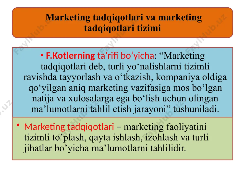 it tahdidlari.- marketing tadqiqotlarining asosiy vazifalari marketing tadqiqotlarining vazifalari raqobat muhiti tahlili bozor kon'yunkturasi tahlili dastur va strategiyalarni asoslash marketing fnuktsiyalarini samaradorligini baholash iste'molchilar fikrlarini aniqlash boshqaruv qarorlarini qo'llab-quvvatlash marketing tadqiqotlari klassifikatsiyasi o‘tkazish joyi bo‘yicha kabinet dala qamrab olish darajasi bo‘yicha to‘liq tanlanma maqsadi bo‘yicha qidiruv tushuntiruv sabab-oqibat test prognoz qilish zamonaviy tadbirkorlik davri o‘zining bir qancha xususiyatlariga ko‘ra dastlabki davrlardan ajralib turadi. bu birinchi navbatda marketing faoliyatining nazariy va amaliy jixatdan asosiy kurash vositasi, rivojlanish uslubi va dasturi sifatida tobora namoyon bo‘layotganligidan ko‘rinmoqda. marketing faoliyatiga xos bo‘lgan barcha axborotlar, ma'lumotlar tadqiqotlar uchun muhim qurol sifatida shakllanadi. ularni tashkil etish, muayyan tartibga solish va uzluksizligini ta'minlash zarur bo‘ladi. marketing axboroti yaxlit tizim sifatida namoyon bo‘ladi va rivojlanib boradi. 3.2. marketingda axborotni o‘rni iste'molchilarning dididagi o‘zgarishlar raqobatbardosh mahsulotlarning o’zgarishi iqtisodiyotdagi o’zgarishlar texnologiyalardagi o’zgarish marketing axborot tizimi - insonlar, texnik vositalar va amalga oshirish uslublaridan tashkil topib, muhim va to‘gri axborotni to‘plash …