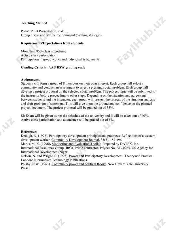 ment principles and practices: reflections of a western development worker, community development journal, 33(3), 187-196 marks, m. k. (1996). monitoring and evaluation toolkit. prepared by datex, inc. international resources group (irg), prime contractor. project no. 683-0265. us agency for international development/niger. nelson, n. and wright, s. (1995). power and participatory development: theory and practice. london: intermediate technology publications. polsby, n.w. (1963). community power and political theory. new haven: yale university press.