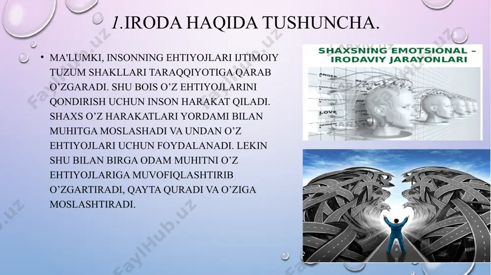 aqsadiga muvofiq ravishda o’zgartiradi va uni o’z ehtiyojlariga moslashtiradi. insonning to’siqlarni, tashqi qiyinchiliklarini yenga olish qobiliyati tashqi iroda deb ataladi. . k.d.ushinskiy quyidagi so’zlarni keltirib o’tadi: "qo’rquvni his qilmasdan xavf-xatarga o’zini uradigan kishi mard emas, balki eng kuchli qo’rquvni ham bosa oladigan va qo’rquv ta'siriga berilmagan, xavf-xatarni o’ylamaydigan kishi marddir". o’zini tuta bilish kishi xarakterining xislati bo’lib, asosan ichki irodaning namoyon bo’lishidan iborat. . jasurlik o’zini tuta bilishga chambarchas bog’liq. jasurlik bor joyda o’zini tuta bilishlik mavjud. kishi o’zini tuta bilsa jasurlik qila oladi. biron maqsadga yetishish yo’lida mutassil jasurlik ko’rsatish, dovyuraklik jasorat deyiladi. o’zining hayoti uchun xatarli to’sqinliklarni yengishga doimo tayyor turgan va shunday to’sqinliklarni yenga oladigan kishilarni jasur kishilar deb ataymiz. katta to’sqinliklarni bartaraf qilib, uzoq qunt qilib, maqsadga yetishda ko’rinadigan bunday iroda kuchi sabotmatonat deb ataladi. . sobiq sovet uchuvchisi alievning bir o’zi havo jangida dushmanning yettita samolyotiga qarshi mardonavor kurashdi va hammasini urib tushirdi. kuchlar teng …