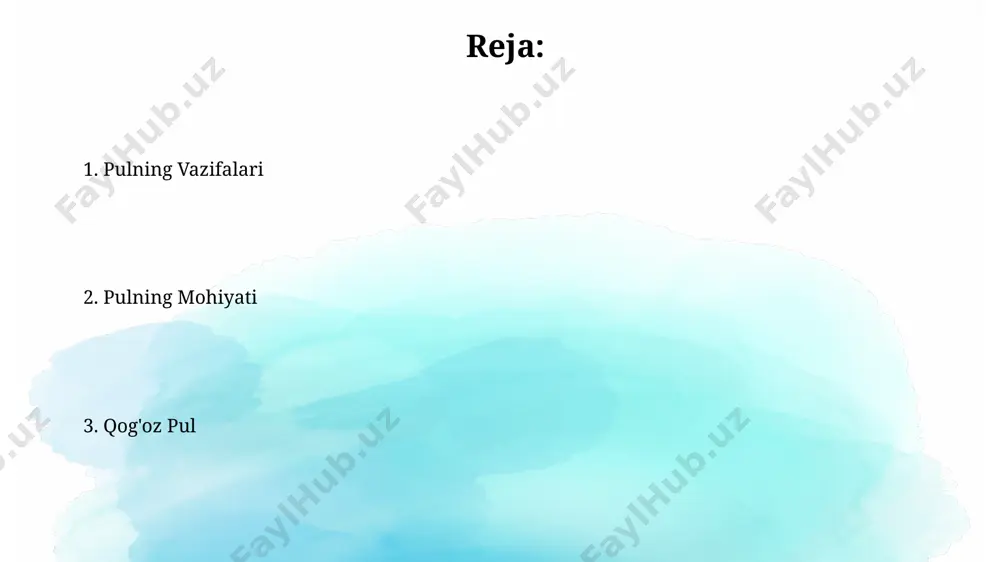 ining samaradorligi inflyatsiyani maqsadli darajada ushlab turish va iqtisodiy oʻsishni ta’minlashda 2017-2021 yillarga moʻljallangan kredit siyosati orqali aniqlanadi. pulning mohiyati pulning funksiyalari (qiymat oʻlchovi, muomalaviy vosita, toʻlov vositasi va boylikni saqlash vositasi) uning iqtisodiyotdagi ahamiyatini va barqarorligi uchun muhimligini ta’kidlaydi. pul tizimining samaradorligi mamlakatning iqtisodiy oʻsishiga bevosita ta’sir qiladi. pulning mohiyati uning almashinuv qiymati, ya’ni tovarlar va xizmatlar bilan tenglashtirilgan qiymati bilan belgilanadi. ushbu qiymat pulning nominal qiymati va uning haqiqiy sotib olish qobiliyati oʻrtasidagi nisbat bilan ifodalanadi. pul tizimining turlari oʻzbekiston respublikasida hozirgi pul tizimi 1995-yilda qabul qilingan qonunga muvofiq tashkil etilgan boʻlib, milliy pul birligi – soʻm hisoblanadi. chet el valyutasiga nisbatan kursi markaziy bank tomonidan belgilanadi. pul tizimlari metall pul (oltin, kumush) va qog'oz pullar muomalasiga bo'linadi, metall pul tizimi esa bimetallizm (ikki metall - oltin va kumush) va monometallizm (bitta metall) kabi turlarga ega. e'tiboringiz uchun rahmat @taqdimot_robot image2.jpg image3.jpg image4.jpg image5.jpg image6.jpg image7.jpg image8.jpg image1.png
