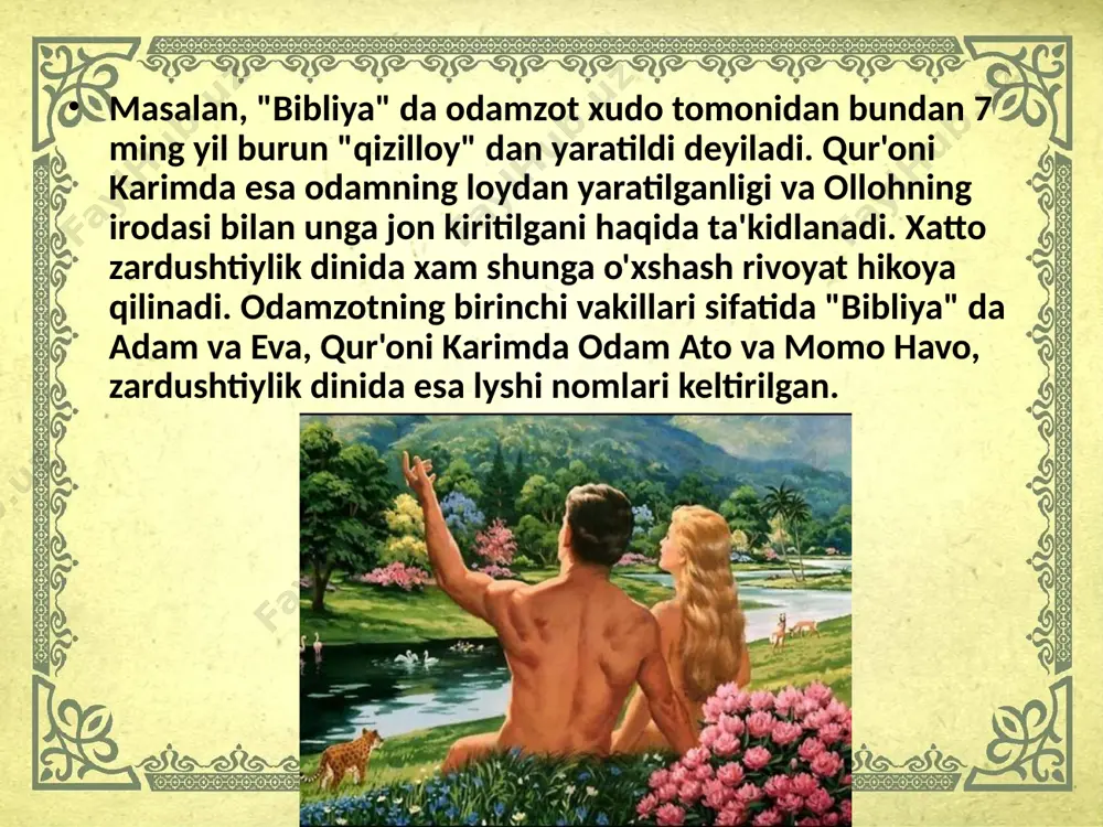 di. pitekantrop yashagan davr, olimlar xulosasiga ko'ra , bir million yil deb belgilandi. 1924 yilda janubiy afrikada er qa'rining tiotsen (bundan 3-4 million yil bururi) yotqiziqlarfdan odamzod ilk ajdodi yana bir vakilining suyak qoldiqlari topildi. olimlar uni avstralopitek ("janub maymun" i) deb atadilar. uning bosh suyagining hajmi 700 kub santimetr ekan. odatda driopiteklarda bio miya hajmi 600-680 kub santimetrdan oshmaydi. shunday qilib, driopitek bilan pitekantrop oralig'idagi bo'g'in ham topildi. olimlarning xulosasiga ko'ra, avstralopitek odamzodning hayvonlar ("maymun" lar) olamidan odamlar dunyosiga o'tish davridagi birinchi qadam edi. agar bir driopitekni eng oliy tipidagi odamsimon "maymun" desak, astrolipitik maymunsimon ikkinchi qadam, ya'ni maymunsimon odamlardan uzoqlashgan ajdodimiz vakilidir. uning oldingi "oyoqlari" endi mehnat qiladi, toshni-toshga urib mehnat qurolarini yasay boshlaydi. shunday qilib, pitekantrop bilan neandertal oralig'idagi bo'g'in ham topildi. ch.darvinning odamning paydo bo'lishi haqidagi evolyutsion hazariyasi ilmiy jihaidsn tasdiqlandi. jamiyatshunos olimlar (l.g.morgan,k.marks,f.engels) itaklif etgan ibtidoiy to'da davrida1 ana shu pitekantroplar, sinantroplar va neandertallar yashadilar. …