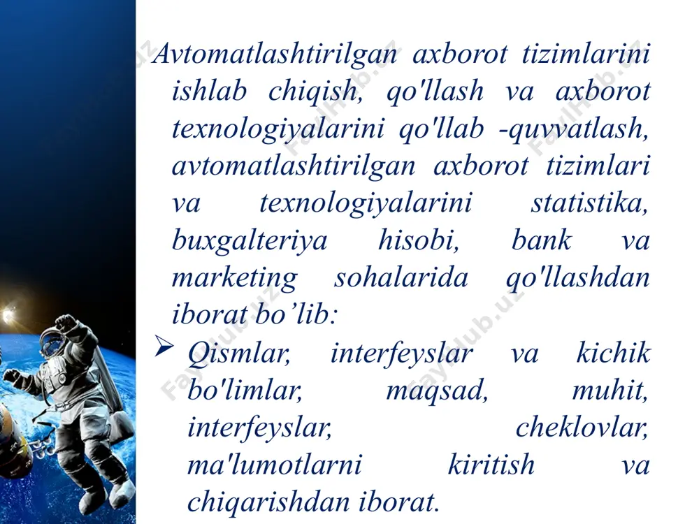 di: yangi mahsulotlarni ishlab chiqish; mahsulotlarni ishlab chiqarish texnologiyasini aniqlash, asbob -uskunalarni loyihalash; ishlab chiqarish dasturi (reja) da uskunalarning o'tkazuvchanligini, ehtiyojlarini hisoblash barcha turdagi resurslar; ishlab chiqarish jarayonini hisobga olish, butlovchi qismlar, xom-ashyo, resurslar sarfini nazorat qilish; ishlab chiqarish xarajatlari va asosiy texnik -iqtisodiy ko'rsatkichlar (foyda, rentabellik, tannarx va boshqalar) ni hisoblash. 1 -blok - axborot manbalari. ularning rolini ishlab chiqarish, etkazib berish va sotishning turli joylarida buxgalterlar, ish joylarida sensorlar o'ynashi mumkin. ma'lumot manbalariga tashqi manbalar kirishi mumkin - mahsulot etkazib berishga buyurtmalar, qoidalar, narxlar to'g'risidagi ma'lumotlar va boshqa hujjatlar. 2 -blok ma'lumotlarni dastlabki qayta ishlashini (tekshirish va takomillashtirish) amalga oshiradi, so'ngra ma'lumotlar bazasiga (3 -blok) yoki to'g'ridan -to'g'ri keyingi ishlov berish va tahlil qilish uchun (4 -blok) o'tkazadi. 3 -blok - ma'lumotlar bazasi yoki ma'lumotlar banki. ma'lumotlar - bu ma'lumot to'plash, ob'ektlar va boshqarish jarayonlarining xususiyatlarini o'lchash natijasidir va bunday tizimlarda ma'lumotlar bazasini shakllantirib, ma'lum standartlarga muvofiq taqdim …