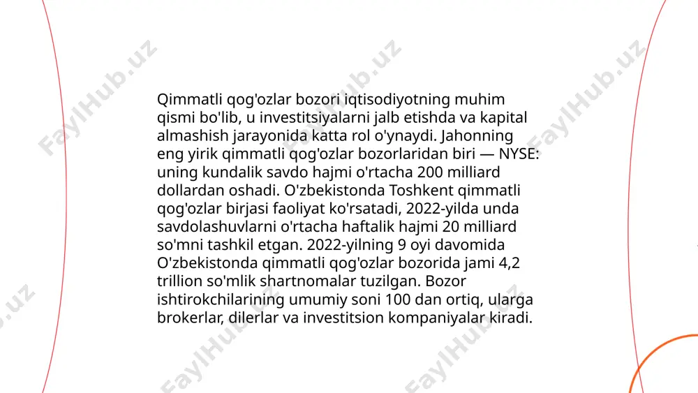 da axborot shaffofligi investorlar uchun juda muhimdir, chunki ularning qarorlarini toʻgʻri qabul qilishlariga yordam beradi. shaffoflik darajasi qanchalik yuqori boʻlsa, bozorlar shunchalik samarali ishlaydi. jahon iqtisodiyotida axborot shaffofligini pwc va ey kabi firmalar baholaydi, ularning tadqiqotlari koʻra, eng shaffof bozorlar orasida aqsh, buyuk britaniya va germaniya kiradi. 2022-yilda oʻtkazilgan global shaffoflik indeksi tadqiqotiga koʻra, oʻzbekiston 180 davlatdan 74-oʻrinni egallab, shaffoflik koʻrsatkichi oʻrtacha 41 ballni tashkil etdi. axborot shaffofligi qoidalariga rioya qilish korporativ boshqaruv talablarini yaxshilash va raqobatbardoshlikni oshirish uchun zarur. moliya bozori, turlari va funksiyalari xakimova zarnigor e'tiboringiz uchun raxmat! image1.png image2.png image3.png image4.jfif image5.png image6.png image7.jfif image8.jfif /docprops/thumbnail.jpeg