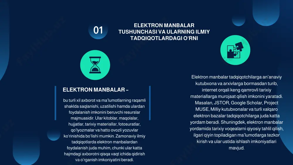 hisoblanadi. ammo ular vaqt o‘tishi bilan tabiiy sharoit, inson omili, biologik zarar yetkazuvchi omillar (namlik, hasharotlar, chirish) ta’sirida yaroqsiz holga kelishi mumkin. shu sababli, zamonaviy ilm-fan va texnologiyalar yordamida tarixiy hujjatlarni raqamlashtirish jarayoni muhim vazifa sifatida shakllandi. 06 keng qamrovli foydalanish imkoniyati saqlanishning kafolatlanishi himoya va xavfsizlik tahlil va qayta ishlash imkoniyati hujjatlarning asl nusxasi yo‘qolsa ham, elektron nusxalari doimiy saqlanadi. raqamlashtirilgan materiallardan bir vaqtning o‘zida dunyoning turli burchaklaridagi tadqiqotchilar foydalanishi mumkin. elektron hujjatlar ko‘p nusxada yaratilishi va turli serverlarda saqlanishi tufayli ularning butunlay yo‘qolib ketishi ehtimoli kamayadi. raqamli formatdagi hujjatlar maxsus dasturlar yordamida tezkor qidiruv va ilmiy tahlil qilishga qulaylik yaratadi. raqamlash- tirish bu hujjatlarni elektron ko‘rinishga o‘tkazish, ya’ni skaner qilish, fotografiya qilish yoki maxsus dasturlar yordamida ularni raqamli formatda saqlash jarayonidir. bu jarayon bir nechta asosiy afzalliklarga ega: bugungi kunda o‘zbekiston respublikasi markaziy davlat arxivi ham tarixiy hujjatlarni raqamlashtirish ishlarini olib bormoqda. bu nafaqat milliy merosni asrash, balki …