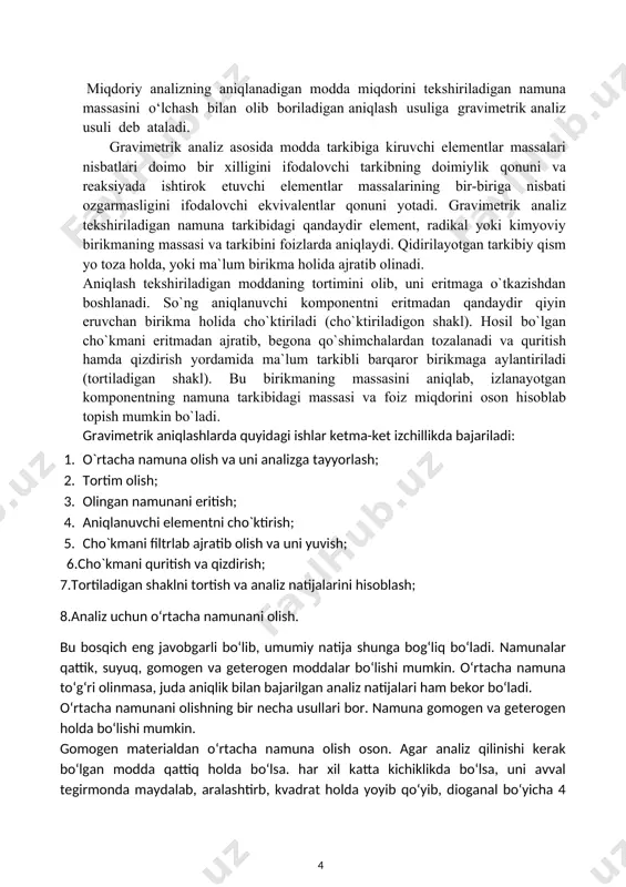. namunalar qattik, suyuq, gomogen va geterogen moddalar bo‘lishi mumkin. o‘rtacha namuna to‘g‘ri olinmasa, juda aniqlik bilan bajarilgan analiz natijalari ham bekor bo‘ladi. o‘rtacha namunani olishning bir necha usullari bor. namuna gomogen va geterogen holda bo‘lishi mumkin. gomogen materialdan o‘rtacha namuna olish oson. agar analiz qilinishi kerak bo‘lgan modda qattiq holda bo‘lsa. har xil katta kichiklikda bo‘lsa, uni avval tegirmonda maydalab, aralashtirb, kvadrat holda yoyib qo‘yib, dioganal bo‘yicha 4 ga bo‘linadi. qarama-qarshi uchburchakdagisi (1,3) olinadi va qolgani (2.4) tashlab yuboriladi. avvalgi (1,3) qismni olib kvadrat qilib, yana 4 ga bo‘lib. ikki tomoni tashlab yuboriladi va hokazo: agar namuna vagonda bo‘lsa (50 tonna), shundan analiz uchun 100 g olinadi. yana 100 g namunani. agar kelishmovchilik chiqsa, maxsus analiz qilish uchun arbitraj analiz uchun saqlab qo‘yiladi. agar namuna suyuq holda bo‘lsa (masalan sanoatda chiqayotgan chiqindi suvlar) trubadan chiqayoyotgan namunadan vaqti-vaqti bilan trubadan olinadi. agar namuna qotishma bo‘lsa, uni bir necha joyidan parchalab …