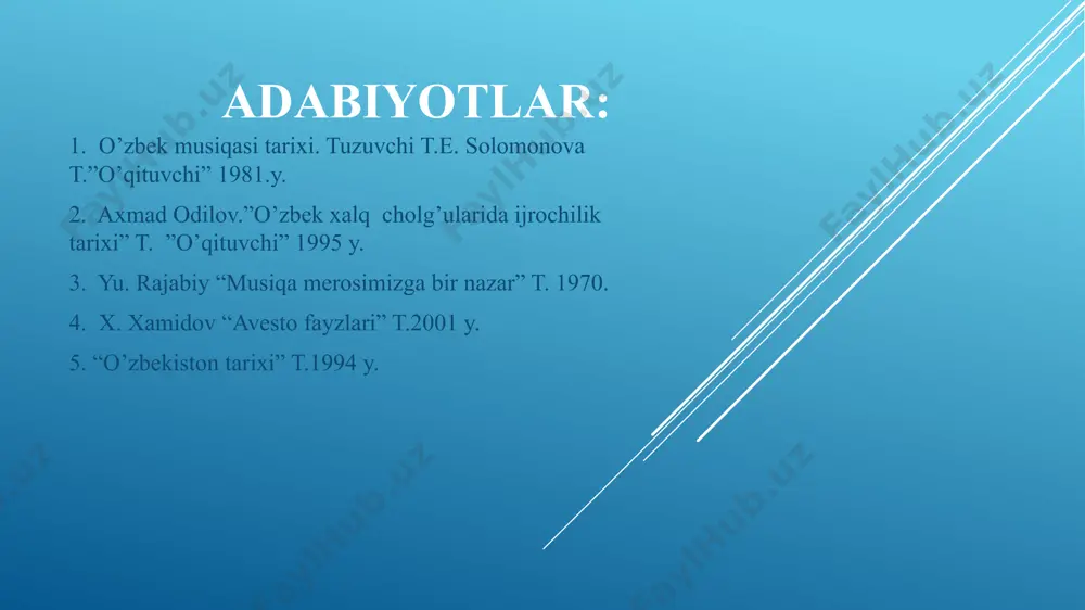 usiqa an’analari aniq bo’lib qoldi xalq va professional musiqaning og’zaki an’analari shakli vujudga keldi. 4. arablar hukmronligi davri (viii- ix asrlar). feodalizm davrida o’rta osiyo xalqlari madaniyati taraqqiyotning yangi bosqichiga ko’tarildi. vii asrda osiyoga arablarning kirib kelishi keng hududda arab xalifaligini barpo etdi. tirik jonzotni tasvirlashni taqiqlovchi islom dining yoyilishi devoriy suratlarni shu jumladan musiqa cholulari tasvirining barham topishiga olib keldi. vii-viii asrlardagi arab istilosi o’rta osiyo madaniyati taraqqiyotiga sezilarli ta’sir o’tkazdi. arablar hukmronligi davri (viii-ix asrlar) tarixda islom dinini majburan qabul qildirish va mahalliy xalqlarning to’xtovsiz qo’zg’olonlari bilan joy oldi. bu qo’zg’olonlar aholining mehnatkash tabaqalari manfaatlarini ifodalovchi muqanna rahbarligida “oq kiyimlilar” nomi bilan mashhur bo’lgan juda katta xalq harakati (785 yil)ga turtki bo’ldi. mahalliy ziyolilar ham arab bosqinchilariga bo’lgan munosabatini yashirin oppozitsiyada (qarshilik qarshi harakat) bayon qildilar. bu oppozitsiya shuubiylar harakatini keltirib chiqardi. ular o’zlarining arab tilida yaratgan ilmiy ishlarida arablar tazyiqidagi xalqlarning ustun madaniyatga ega ekanligini ta’kidladilar. shuubiylar …