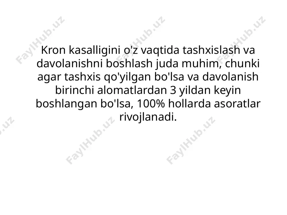eshilishlar, qon ketish) davolash uchun qo'llaniladi. crohn kasalligining konservativ davosini afzal ko'rishning ikkinchi sababi - qisqa ichak sindromining oldini olish zarurati. ichakning ma'lum joylarini rezektsiya qilishni talab qiladigan operatsiyalarning aksariyati bemorni o'chirib qo'yadi. /docprops/thumbnail.jpeg