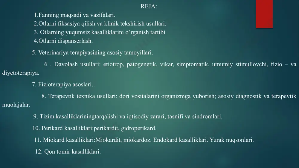 yordamida silanadi, zarur hollarda otning orqa oyog’i sakrash bo’g’inidan ko’tarib oldinga ekkan holda ushlanadi. asov otlarga qo’l bola yoki metal lab qisqichlar ishlatiladi va zarur hollarda maxsus stanoklardan foydalaniladi. otlarni klinik tekshirish usullari. yurak va qon tomirlar tizimini tekshirish. hayvon tanasida kechadigan barcha jarayonlar, xususan, organizmning o‘sishi va rivojlanishi har bir a’zo va har bir to‘qimaga to‘xtovsiz kelib turadigan energetik va plastik moddalarga, modda almashinishi natijasida hosil bo‘ladigan keraksiz, zaharli moddalarning o‘z vaqtida organizmdan tashqariga chiqarilishiga bog‘liq. organizm uchun muhim bo‘lgan ushbu vazifani yurak va qon tomirlar tizimi bajaradi. qon tomirlar va limfa tizimi o‘zining qalin kapillyarlar to‘ri bilan organizmning hamma joyini qoplab olib, hamma hujayra va to‘qimalar bilan aloqada bo‘lib, organizmning morfologik va funksional butunligini ta’minlaydi. yurak va qon tomirlar tizimi bo‘shliqlardan va tomirlardan tashkil topgan yopiq tizim bo‘lib, bu tizim orqali hayvon organizmida qon va limfa harakati amalga oshiadi. yurak qon tomirlar tizimining vazifalari organizmda modda almashinuvini ta’minlash …