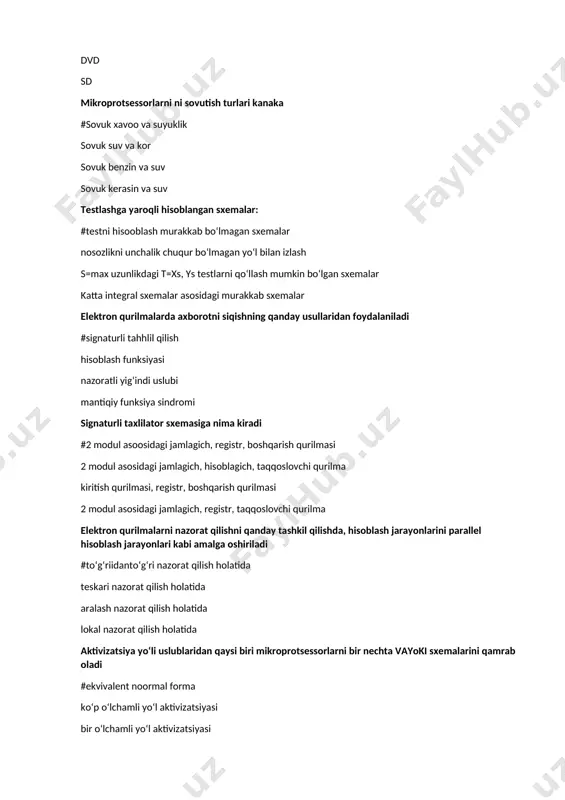 urilmalarda axborotni siqishning qanday usullaridan foydalaniladi #signaturli tahhlil qilish hisoblash funksiyasi nazoratli yig‘indi uslubi mantiqiy funksiya sindromi signaturli taxlilator sxemasiga nima kiradi #2 modul asoosidagi jamlagich, registr, boshqarish qurilmasi 2 modul asosidagi jamlagich, hisoblagich, taqqoslovchi qurilma kiritish qurilmasi, registr, boshqarish qurilmasi 2 modul asosidagi jamlagich, registr, taqqoslovchi qurilma elektron qurilmalarni nazorat qilishni qanday tashkil qilishda, hisoblash jarayonlarini parallel hisoblash jarayonlari kabi amalga oshiriladi #to‘g‘riidanto‘g‘ri nazorat qilish holatida teskari nazorat qilish holatida aralash nazorat qilish holatida lokal nazorat qilish holatida aktivizatsiya yo‘li uslublaridan qaysi biri mikroprotsessorlarni bir nechta vayoki sxemalarini qamrab oladi #ekvivalent noormal forma ko‘p o‘lchamli yo‘l aktivizatsiyasi bir o‘lchamli yo‘l aktivizatsiyasi bul keltirib chiqarish uslubi mikroprotsessorlarni qaysi biri elektron asboblar bilan aloqa vazifasini bajaradi #markaziy prootsessor xizmat protsessori tashqi protsessor boshqaruv protsessor mikroprotsessorlarni nazoratida asosiy hisoblash jarayoni bo‘lmish parallel hisoblash jarayoni qanday amalga oshiriladi #to‘g‘ridanto‘g‘ri nazoorat holati teskari nazorat holatida aralash nazorat holati lokal nazorat holatida mp aktiv chiqishlar …