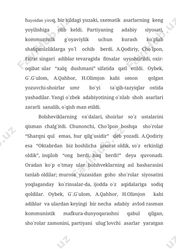 voqeligining ichki ziddiyatlarini favqulodda bir mahorat bilan ko`rsatgan; zamon kuychisi hamza birinchilardan bo`lib sho`ro idoralaridagi mas`ul xodimlarning munofiqona basharasini ochib tashladi. qodiriyning “o`tkan kunlan”, “mehrobdan chayon”, hamzaning “paranji sirlari”, “maysaraning ishi” asarlari jahon adabiyotining nodir namunalari darajasiga ko`tarila oldi. 20-yillar oxiri 30-yillar boshlaridan she`riyatda, publitsistik chiqishlarida sovet voqeligini ulug`lash yo`liga o`tgan cho`lpon “kecha va kunduz” romanida eng qaltis ijtimoiy-siyosiy masalalar talqinida, imperiya siyosati, jadidchilik harakati ifodasida haqiqatga chodiq qoldi. o`nlab she`rlarida, “ko`kan” dostonida sho`ro siyosatini yoqlab chiqqan, partiyaviylik prinsiplariga qat`iy amal qilgan g`.g`ulom ayni o`sha kezlari sotsialistik realizmdan yiroq, o`ta xalqchil, milliy, haqqoniy “shum bola” qissasini yaratdi. “bolg`alar, po`lat safi ila borish” ga, “yong`in, kurash, janglar sari ko`krak ochish” ga azm etgan oybek 30-yillari “na`matak” singari siyosatdan xoli “sof lirika” ning ajoyib namunalarini ijod etdi. bir qarashda sinfiylik, partiyaviylik prinsiplari asosida yaratilgandek ko`ringan “obid ketmon” (qodiriy), “yodgor” (g`.g`ulom), “qutlug` qon” (oybek), “zaynab va omon” (h.olimjon), “sarob”, “sinchalak” (a.qahhor) kabi asarlarda …