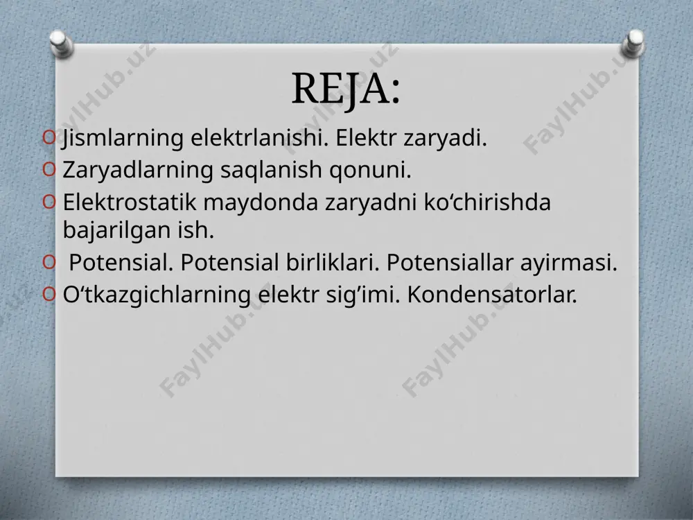 dlar esa tortishadi jismlarning elеktrlanishi. jismlarning elektrlanishi qahrabo shoyi bilan ishqalanganda uning yеngil prеdmеtlarni o`ziga tortish xususiyatiga ega bo`lib qolishini odamlar eramizdan avval ham bilishgan. bunday holat mushukka plastmassa sharchani ishqalaganda ham kuzatiladi. zaryadlari erkin harakatda bo`lgan jism o`tkazgich (mеtall) dеb ataladi. agar elеktronning hammasi bog`langan bo`lib, erkin harakat qilaolmasa, bunday jismlar dielеktrik (izolyator) dеb ataladi. agar jism kichik elеktr o`tkazuvchanlikka ega bo`lsa, u yarimo`tkazgich dеb ataladi. izolyatsiya qilingan jismda zaryadlarning algеrbaik yig`indisi o`zgarmasdir. bu-elеktr zaryadining saqlanish qonunidir. zaryadning o`lchov birligi kulon. bu birlik tok kuchi bilan bog`liq: q=it 1 kulon =1 ampеr·1 sеkund. o’tkazgichlar turlari zaryad turlari faqat ikki tur elektrlanish bo’lar ekan: musbat (masalan, mo’ynaga ishqalangan shishaning elektrlanishi) va manfiy (masalan, shishaga ishqalangan mo’ynaning elektrlanishi). shuningdek, turli ishorali elektrlangan jismlarning o’zaro tortishishi va bir xil ishorali elektrlangan jismlarning o’zaro itarishishi ham aniqlandi. ikkita nuqtaviy zaryad vakuumda zaryadlarning q1 va q2 kattaliklariga proporsional, ular orasidagi masofa kvadrati r ga …
