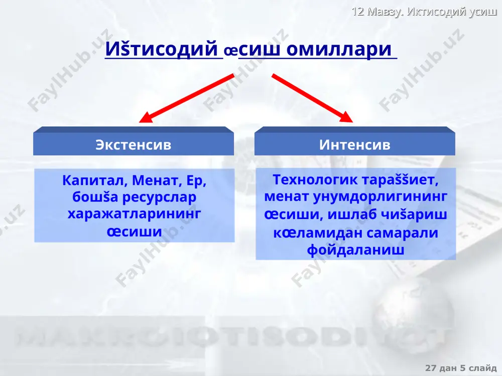 е n + g - суръати билан œсади 27 дан * слайд 12 мавзу. иктисодий усиш технологик тараššиет шароитида капитал билан таъминланганликнинг œзгариши dк = sf(k)- (s + n + g )k капитал билан таъминланганликнинг барšарор даражаси: к*=sf(k)/(+n+g) технологик тараššиет шароитида олтин šоиданинг кœриниши mpk=+n+g mpk -  = n+g ёки олтин šоидага мувофиš барšарор �олатда капиталнинг меъерий ма�сулотдан капитал чиšиб кетиши нормасининг айирмаси (mpk-s) ишлаб чиšарадиган ма�сулот �ажмининг œсиш суръатига (n + g) тенг олтин šоиданинг даражаси энг оптимал деб �исобланади агар mpk- s > n + g бœлса, унда s кœпайтириш керак агар mpk- s < n + g бœлса, унда s камайтириш керак 27 дан * слайд 12 мавзу. иктисодий усиш иšтисодий œсиш омилларининг умумий унумдорлиги иšтисодий œсишнинг учта манбаси, яъни капитал, ме�нат миšдори омилларининг умумий унумдорлигидаги œзгаришларни кузатиш учун šуйидаги тенглама ишлатилади: ишлаб чиšариш �ажмининг œсиш суръатлари = капитал �иссаси - ме�нат �иссаси + омилларнинг умумий …