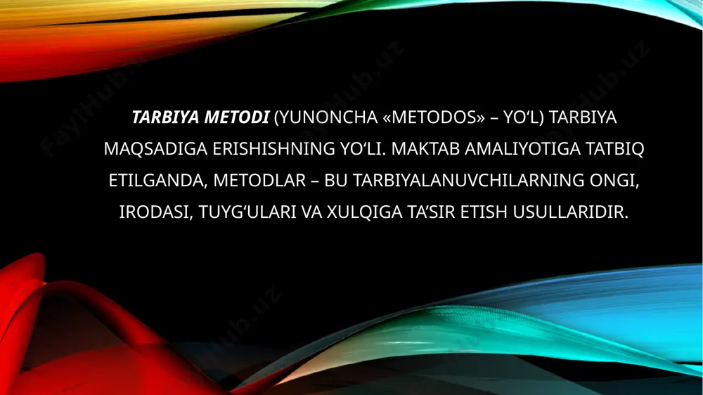 g asosi bo‘la olmaydi. ularni indivudual va shaxsiy tuzatish zarur. insonparvar pedagog har bir shaxs o‘ziga xosligini rivojlanishiga, o‘ziga xosligini saqlashga, o‘zining «men»ini amalga oshirishiga imkon beradigan metodlarni qo‘llashga harakat qiladi. tarbiyaviy shart-sharoitlar. unga moddiy, psixofiziologik, sanitar-gigienikdan tashqari sinfda yuzaga keladigan munosabatlar: jamoadagi iqlim, pedagogik rahbarlik usuli va boshqalar tegishlidir.ma’lumki, mavhum shart-sharoitlar bo‘lmaydi, ular hamisha aniq. ularni birlashuvi aniq holatlarda ko‘rinadi. tarbiya amalag oshadigan sharoit pedagogik vaziyatlar nomini oldi. . tarbiya vositalari. tarbiya metodlari tarbiya jarayonining tarkibiy qismlari sifatida yuzaga chiqadigan tarbiya vositalaridan tashkil topadi. metodlar ular bilan mustahkam bog‘langan va birgalikda qullaniladigan boshqa tarbiya vositalari ham mavjud. masalan, metodlarni samarali qo‘llanilishi uchun zaruriy yordam beruvchi ko‘rgazmali qo‘llanmalar, tasviriy san’at asarlari va musiqa san’ati, ommaviy axborot vositalari. pedagogik malakani egallaganlik darajasi. tarbiyachi odatda faqat o‘zi biladigan va qo‘llashni egallagan metodlarni tanlab oladi. ko‘plab metodlar murakkab bo‘lganligi bois, o‘kituvchida ko‘p kuch ishlatishni talab etadi. bunday mas’uliyatdan bo‘yin tovlaydigan pedagoglar ularsiz faoliyatni …