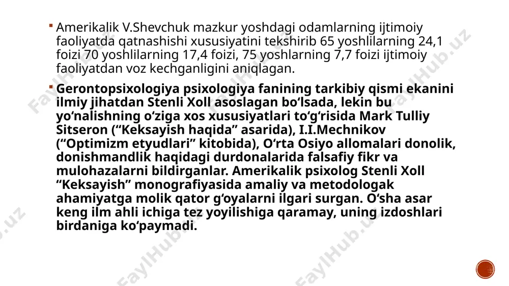 azdi va inson keksayishi bilan retseptor apparatining optik funksiyasi zaiflashadi, ko‘ruv sezgasi va idrokini xiralashtiradi. ko‘zning rangni sezishi yoshi ulg‘ayishi bilan o‘zgarib boradi, hatto, rangni ajratish qobiliyati sezilarli darajada pasayadi. shuni alohida ta’kidlash kerakki, rang ajratish, spektr nurlarining yoyilishi ibn sino tomonidan tushuntirib berilgan, fan olamida esa bu kashfiyot gel’mgolsga qiyos beriladi. nafaqa yoshiga to‘lgan kishilarning ishni davom ettirish islash va ulardan foydalanish ehtiyoji tibbiyot va ruhiyat ilmi oldiga bir qancha talablar qo‘yadi. bu talablar m.d.aleksandrova va uning shogirdlari ta’kiddaganidek, 60 yoshdan oshgan odamlarning somatik jihatliligi ularning ishlab chiqarishda qatnashishiga qanchalik imkon berishini, insonning ruhiy salomatligi ishlashda qay darajada yordamlashishini, sog‘lom keksa odamning psixofiziologik funksiyalari, psixik jarayonlari, shaxsiy xususiyat- lari va kasb-korlik uchun zarur talablarga mos kelish-kelmasligini aniqlashdan iboratdir. shularning so‘nggi qismini tadqiq qilish bevosita psixologlarning zimmasida bo‘lib, yosh ulg‘ayib borishiga qarab fiziologik funksiyalarning o‘zgarishi psixometriya ma’lumotlariga tayanib muayyan usulda o‘rganilishi lozim. bu usulda bir qancha elat, jamoa hududning xuddi …