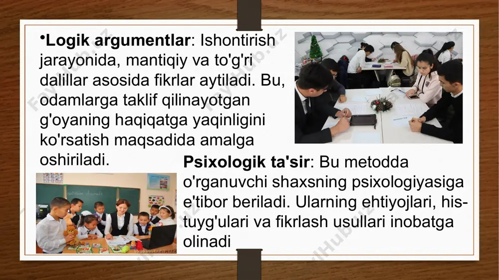 iri bu turli fikrlarni muhokama qilish va suhbat qilishdir. bu jarayonda har bir tomon o'z nuqtai nazarini erkin ifodalashi va boshqa tomonning fikrlarini tinglashi kerak. suhbat davomida o'zaro hurmat va muloqotga asoslangan ishontirish jarayoni, ishonchli natijaga olib keladi. ijtimoiy pedagogikada ishontirish metodi — bu shaxsni yangi fikrlash tarziga yo'naltirish, ijtimoiy qadriyatlar va axloqiy prinsiplarni qabul qilishga yordam berishning samarali vositasi hisoblanadi. bu metod orqali odamlar o'z qarashlarini o'zgartirishi, yangi bilimlarni qabul qilishi va jamiyatda o'z o'rnini topishi mumkin. ijtimoiy pedagogikada ishlatiladigan ishontirish metodining asosiy jihatlari ratsional va emotsional ta'sirlarni uyg'unlashtirish, o'quvchilarga motivatsiya berish va ularning psixologik holatiga moslashishdan iboratdir. xulosa etiboringiz uchun raxmat image5.png image6.png image7.png image8.png image9.png image10.png image11.png image3.png image4.png /docprops/thumbnail.jpeg
