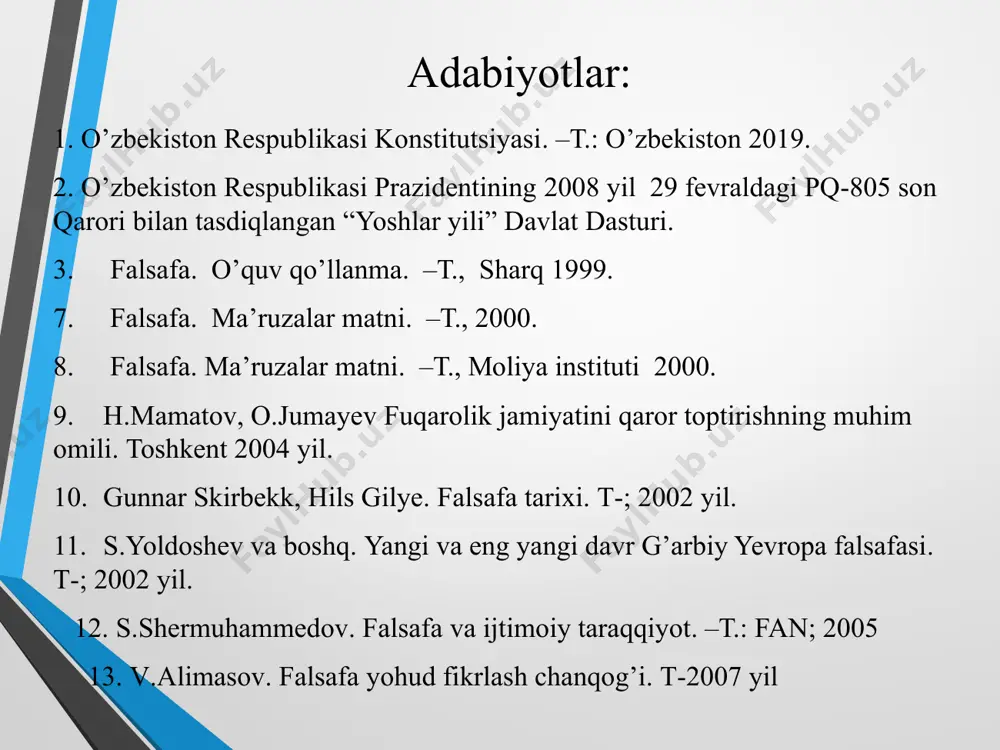 larning biri ikkinchisiga o’tadi va o’zaro bir-biriga singib ketadi. qarama - qarshilik o’zaro bog’liq, biri ikkinchisini taqazo qiladi, biri bo’lmasa ikkinchisi mavjud bo’la olmaydi. qarama - qarshi tomonlarning birligi nisbiy, o’tkinchi xususiyatga ega bo’lishi bilan birga ular o’rtasidagi kurash mutloqdir. davr o’tishi bilan kurashning ba’zi aniq shakllari yo’qolishi mumkin, ammo qarama-qarshi tomonlar o’rtasidagi kurash doim bo’lgan va bo’laveradi. inkorni inkor qonuni inkorni inkor qonuniga muvofiq ob’ektiv voqelikdagi narsa va hodisalarning rivojlanishi jarayonida eskining yangi tomonidan inkor qilish ro’y beradi. biroq, eskilik butunligicha inkor qilinmay, undagi ijobiy tomonlar saqlanib qolinadi. eski yangi аrastuning «мetafizika» «kategoriyalar» nomli asarlarida falsafiy kategoriyalar ishlab chiqilgan. kategoriya yunoncha so’zdan olingan bo’lib, lug’aviy ma’nosi «guvoh», «ta’rif», «ifodalovchi» demakdir. falsafiy kategoriyalar – ob’yektiv mavjudlikdagi narsa va hodisalarning umumiy, muhim tomonlarini, xususiyatlari va munosabatlarini aks ettiruvchi tushunchadir. falsafaning juft kategoriyalari olamdagi ziddiyatli va sababli bog’lanishlar, o’zaro ta’sir va taqozolarni ifodalaydi. kategoriyalar uch turkumga bo’linadi. kategoriyalarning birinchi turkumi: voqelikning eng …