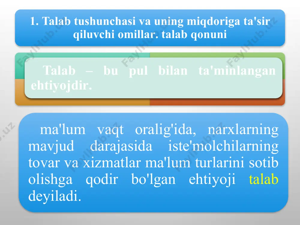 ar miqdori o'zgarishi o'rtasida bo'ladigan teskari yoki qarama-qarshi bog'liqlik talab qonuni deyiladi. real iqtisodiy hayotda ba'zan bu qoidaga zid bo'lgan, ya'ni ayrim tovar narxining o'sishi bilan unga bo'lgan talab miqdorining yanada ortishi holati ham uchraydi. bu holat giffen samarasi deb ataladi. talabga ta'sir etuvchi omillar narxga bog'liq omillar: muayyan tovarning narxi bir-birini to'ldiruvchi tovarlarning narxi o'rinbosar tovarlarning narxi kelajakda narxlarning o'zgarishi ehtimoli narxga bog'liq bo'lmagan omillar: iste'molchining didi bozordagi iste'molchilar soni iste'molchining daromadlari kelajakda daromadlarning o'zgarishi ehtimoli. daromad, ming so'm 10 20 50 60 30 40 70 80 90 100 0 1 2 3 4 5 6 7 8 tovar miqdori, dona engelь egri chizig'i iste'molchilar daromadi va ular tomonidan sotib olinadigan tovarlar miqdori o'rtasidagi bog'liqlik nemis iqtisodchisi va statisti ernst engelь (1821-1896) tomonidan chuqur tadqiq etilgan. shunga ko'ra, iste'molchi daromadi bilan u tomonidan sotib olinishi mumkin bo'lgan tovarlar miqdori o'rtasidagi o'zaro bog'liqlik engelь qonuni deyiladi. 2. taklif tushunchasi. taklif …