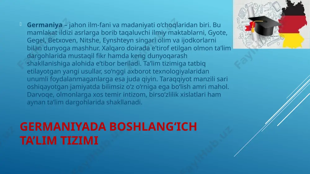 ), poytaxt berlinda esa – 6 yil. ammo bu kabi farqlarga qaramasdan, barcha hududlar uchun umumiy tartib-qoidalar amal qiladi. germaniyada maktab taʼlimi majburiy va bepul. 6 yoshdan 18 yoshgacha fuqarolar majburiy tartibda taʼlim olishi shart qilib belgilangan. maktab taʼlim tizimi esa boshlang‘ich, o‘rta va yuqori bosqichlarga bo‘linadi. bolalar 5-6 yoshdan boshlang‘ich maktabga qatnaydi. boshlang‘ich maktabda o‘qish davri to‘rt yildan olti yilgacha. maktablarda birinchi, ikkinchi sinf davomida o‘quvchilarga baho qo‘yilmaydi. o‘qituvchilar baho o‘rniga bolaning individual, psixologik rivojlanish holati xususida hisobot tayyorlaydi. o‘quvchilarga 3-sinfdan baho qo‘yila boshlaydi. germaniyada 6 ballik baholash tizimi qabul qilingan. bunga ko‘ra, 1 – aʼlo; 2 – yaxshi; 3 – qoniqarli; 4 – yetarli; 5 – yetarli emas; 6 – qoniqarsiz. o‘quvchilar fanlarni eng kamida "4"ga o‘zlashtirishi kerak. boshlang‘ich bosqichda bolalarga matematika, nemis tili, tabiatshunoslik, musiqa, estetika fanlari o‘tiladi. tanlash imkoniyati olmon taʼlim tizimining o‘ziga xos xususiyati shundaki, o‘quvchilar boshlang‘ichni tugatgandayoq kelajak yo‘lini aniqlab olishi zarur. ana shunga …