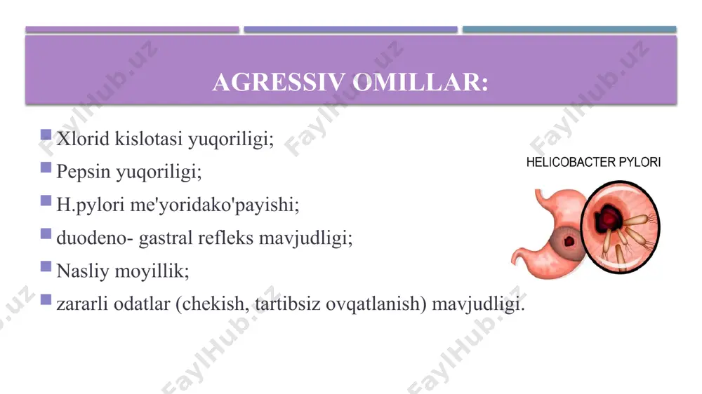 krakka, umurtqaning ko'krak qismiga, o'n ikki barmoqli ichak piyozchasi (ayniqsa orqa devorida) va piyozcha orti qismi yaralarida esa og'riq bel, o'ng ko'krak orti, ko'kraklararo oraliq va ayrim hollarda o'ng yonbosh sohaga uzatilishi mumkin. ayrim bemorlarda (24-28 %) yara kasalligi atipik kechadi va og'riqsiz yoki boshqa kasalliklami eslatuvchi og'riqlar bilan namoyon bo'ladi. yara kasalligining boshqa bir muhim belgisi uning avj olish cho’qqisida qayt qilishning kuzatilishidir. odatda qayt qilgandan so'ng bemorlar o'zlarida engillik sezadilar. dispeptik buzilishlardan eng ko'p uchraydigani jig'ildon qaynashi hisoblanib, ayrim hollarda u kasallikning yagona belgisi bo'lishi mumkin. shuningdek, taom iste’mol qilgandan keyingi kekirish ham ushbu kasallikka xos bo'lgan belgilardan biri hisoblanadi. odatda bemorlarda ishtaha buzilmagan, qabziyatga moyillik va kasallikning mavsumiy avj olishlari (bahor va kuz) kuzatiladi. ko'zdan kechirganda bemor tili oq karash bilan qoplangan va yuqorida qayd etilganidek yara joylashishiga mos ravishda qorinni paypaslaganda og'riq sohasi aniqlanadi. laborator - asbobiy tekshirishlar. ezofagogastroduodenoskopiya yordamida tekshirish usuli (ko'rsatmalar bo'lganda biopsiya olish …