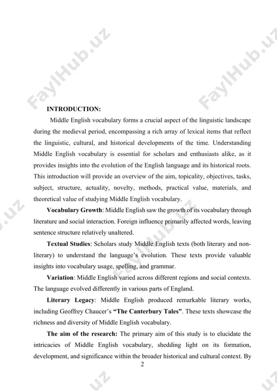 ’s “the canterbury tales”. these texts showcase the richness and diversity of middle english vocabulary. the aim of the research: the primary aim of this study is to elucidate the intricacies of middle english vocabulary, shedding light on its formation, development, and significance within the broader historical and cultural context. by examining the lexicon of this pivotal period, we aim to enrich our understanding of linguistic evolution and cultural exchange. the topicality of the work: the topicality of middle english vocabulary remains undeniably relevant, as it serves as the linguistic bedrock upon which modern english is built. exploring the lexical nuances of middle english allows us to trace the origins of contemporary vocabulary, unraveling the intricate tapestry of linguistic heritage and cultural exchange. the object of the research: - to analyze the characteristics and features of middle english vocabulary. - to explore the semantic shifts and word formation processes prevalent …