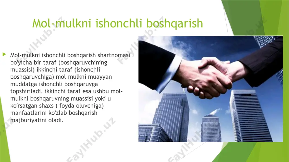 shartnoma muddati tugagach taraflardan biri tomonidan shartnoma bekor qilinmasa, shartnoma uzaytirilgan hisoblanadi. mol-mulkni ishonchli boshqarish shartnomasi yozma shaklda tuziladi. ushbu talabga rioya qilmaslik shartnomaning haqiqiy emasligiga olib keladi. ishonchli boshqarishga topshirilgan mulk boshqaruv muassisi mol-mulkidan, ishonchli boshqaruvchi mol mulkidan ham ajratiladi. ushbu mol mulk ishonchli boshqaruvchida: mustaqil balansda aks ettiriladi, mustaqil hisob yuritiladi. alohida bank hisobvaraqlari ochiladi. boshqaruv muassisining qarzlari boʻyicha undirib ishonchli boshqarishga topshirilgan mulkka qaratilmaydi,bankrotlik holati mustasno. agar bankrot boʻlganida ishonchli boshqarish shartnomasi bekor qilinadi hamda kimoshdi savdosida qoʻyilgan mol-mulkka qoʻshib yuboriladi. ishonchli boshqarish shartnomasi tuzilayotgan vaqtda topshirilayotgan mulkka uchinchi shaxsning huquqlari borligi haqida xabardor qilishi kerak. ushbuga amal qilinmasa, boshqaruvchi haqiqiy emas deb topib, real zararni qoplashni haq toʻlashni talab qilishga haqli. shartnoma tuzilgandan keyin uchinchi shaxs huquqlari paydo boʻlsa, 10 kunlik muddatda xabardor qilinmasa, shartnoma bekor qilinib, oʻziga keltirilgan haqiqiy zarar va mutanosib haq toʻlanishini talab qilish huquqiga ega. ishonchli boshqaruvchi mol-mulkni shaxsan oʻzi boshqaradi. ishonchli …