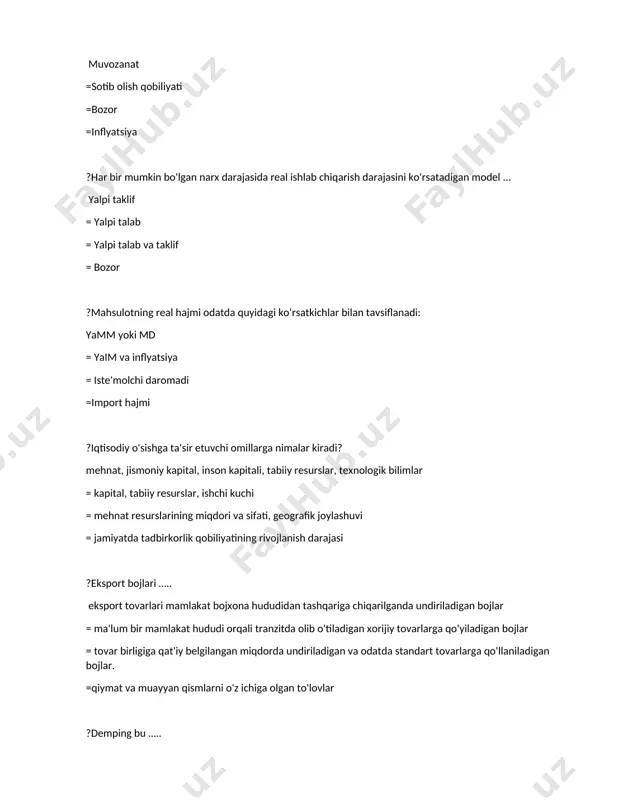 izmatlarga bo'lgan barcha talablar yig'indisi - bu .. yalpi talab = yalpi taklif = talab va taklif to'plami =bozor ? .....- bu davlatning mahalliy ishlab chiqaruvchilarni xorijiy raqobatdan himoya qilishga qaratilgan iqtisodiy siyosati. protektsionizm = erkin savdo =monopolizatsiya =kvota ?iqtisodiy o'sish bu - ko'rib chiqilayotgan davrda real yaim (yoki yamm) hajmining nisbiy o'zgarishi =jami talabdagi alohida tovar va xizmatlar ulushining mutlaq o'zgarishi = kengaytirilgan va bosqichma-bosqich sifat va tarkibning ijobiy ko'payishi = iqtisodiyot, ishlab chiqaruvchi kuchlar, ta'lim, fan, madaniyat, aholi turmush darajasi va sifatidagi o'zgarishlar ?iqtisodiy o'sishning asosiy maqsadlari ..... aholining moddiy farovonligini oshirish; milliy xavfsizlikni saqlash = odamlarning moddiy ehtiyojlari va istaklarini qondirish uchun foydali moddiy ne'matlarni ishlab chiqarish uchun cheklangan resurslardan oqilona foydalanish = korxonaning barqaror ishlashini, uning bozordagi barqarorligini, tizimli va izchil rivojlanishini ta'minlash = ma'lum vaqt davomida ma'lum bir faoliyat uchun sarflangan kapital, moliyaviy, resurs va moddiy resurslardan foyda olish ?iqtisodiy o'sishni rag'batlantiruvchi omillar ..... mehnat …