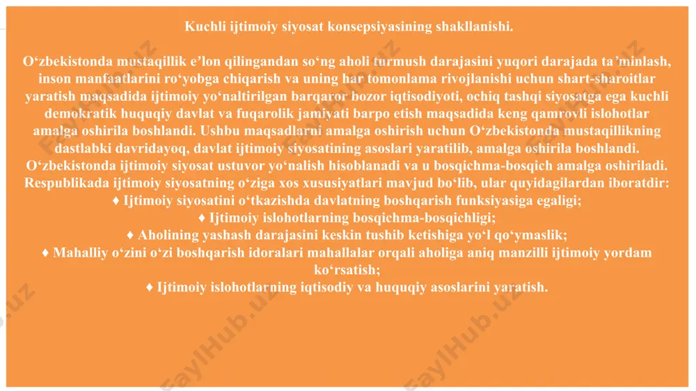 o‘g‘risida”gi prezident farmoyishida muayyan maʼnoda hozirgacha amalga oshirilgan ishlar sarhisob qilindi. jumladan, ijtimoiy sohadagi eng muhim ishlar ham o‘z aksini topgan. unda qayd etilishicha, “faqatgina joriy yilning birinchi yarmida 2,7 ming kilometr avtomobil yo‘llari qurildi va taʼmirlandi, 84 ming 300 ta ish o‘rni yaratildi. 2017-2020-yillarda shaharlarda energiya jihatdan samarador arzon ko‘p kvartirali uylarni qurish va rekonstruksiya qilish dasturi amalga oshirilmoqda, uning doirasida 50 ming 286 ta xonadondan iborat 1 ming 136 ta ko‘p qavatli uylarni, bundan tashqari, namunaviy loyiha asosida qishloq joylarida 75 ming turar joylarni qurish mo‘ljallangan”. o‘zbekiston respublikasi prezidentining “bandlik sohasida davlat siyosatini yanada takomillashtirish va mehnat organlari faoliyati samaradorligini tubdan oshirish chora-tadbirlari to‘g‘risida”gi (24.05) farmoni qabul qilindi. образец текста второй уровень третий уровень четвертый уровень пятый уровень www.presentationgo.com © presentationgo.com by: .com 1. korrupsiyani belgilovchi omillar va uning kelib chiqish sabablari korrupsiya — shaxsning o‘z mansab yoki xizmat mavqeidan shaxsiy manfaatlarini yoxud o‘zga shaxslarning manfaatlarini ko‘zlab moddiy …