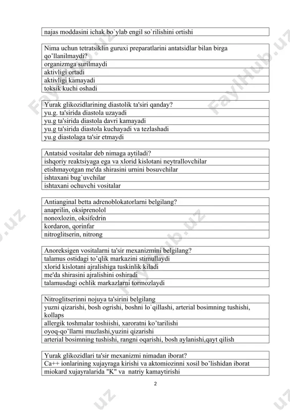 ilar ishtaxani bug`uvchilar ishtaxani ochuvchi vositalar antianginal betta adrenoblokatorlarni belgilang? anaprilin, oksiprenolol nonoxlozin, oksifedrin kordaron, qorinfar nitroglitserin, nitrong anoreksigen vositalarni ta'sir mexanizmini belgilang? talamus ostidagi to’qlik markazini stimullaydi xlorid kislotani ajralishiga tuskinlik kiladi me'da shirasini ajralishini oshiradi talamusdagi ochlik markazlarni tormozlaydi nitroglitserinni nojuya ta'sirini belgilang yuzni qizarishi, bosh ogrishi, boshni lo`qillashi, arterial bosimning tushishi, kollaps allergik toshmalar toshiishi, xaroratni ko’tarilishi oyoq-qo’llarni muzlashi,yuzini qizarishi arterial bosimning tushishi, rangni oqarishi, bosh aylanishi,qayt qilish yurak glikozidlari ta'sir mexanizmi nimadan iborat? ca++ ionlarining xujayraga kirishi va aktomiozinni xosil bo’lishidan iborat miokard xujayralarida "k" va natriy kamaytirishi ferment tropinning aktivligini orttirishdan iborat barcha ionini xujayralardan tashkariga chiqishidan iborat tsimetidin ta'sir mexanizmini belgilang? h2-gistaminga sezgir retseptorlarni bloklaydi, me'da sekretsiyasini kamaytiradi antifermen preparat kislotalikni kamaytirib, neytrallaydi me'da sekretsiyasini oshiradi m.n.s.ga ta'sir etuvchi gipotenziv preparatlarga nimalar kiradi? klofelin, metildofa, no-shpa, dibazol pirilen, benzogeksoni oktadin, anaprilin osmotik aktiv diuretiklarning ta'sir mexanizmini aniqlang? buyrak kanalchalarida osmotik bosimni oshirib, natriy ionini …