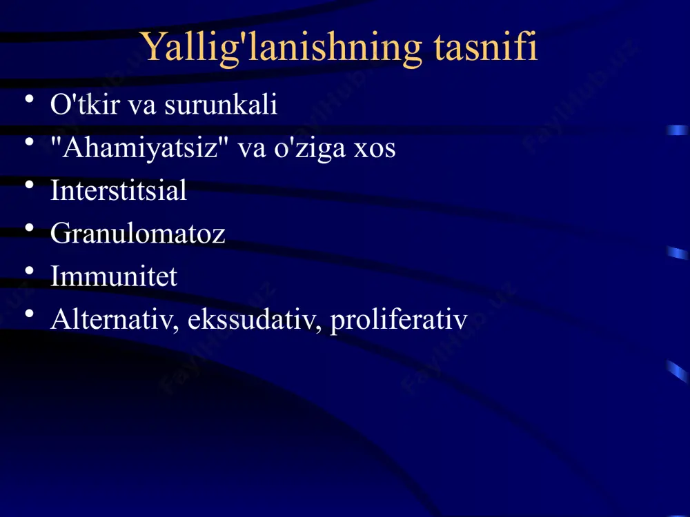 ek granuloma hosil bo'lishi. epiteloid hujayralarning gigant hujayralarga aylanishi. granuloma shakllanishi sxemasi ( rp) granulomaning morfologiyasi hujayra tarkibi: - monositlar, makrofaglar, ek, gigant hujayralar; - t va b limfotsitlari; - plazma hujayralari; - fibroblastlar; - pyal va boshqalar. nekrozning mavjudligi: - voqeani aniqlash; - g'ilofsiz. sklerozning og'irligi. yetuklik darajasi: - paydo bo'lgan; - gullash; - xiralashish; - fibrozlanish. granulomalar asosan: makrofag (fagotsitoma); epiteloid hujayra; gigant hujayra; limfotsitik; nekrotik; aralash hujayrali. miyadagi tifus bilan granuloma - avtsinning tugunlari nekrozsiz ek granulomalari - sarkoidoz markaziy nekrozli granuloma - sil kasalligi granulomalar turlari etiologiyasi bo'yicha: yuqumli (tif, sil, sifilis va boshqalar); yuqumli bo'lmagan (organik va noorganik chang, begona jismlar va boshqalar); noma'lum etiologiya (sarkoidoz, vegener kasalligi va boshqalar). patogenezi bo'yicha: immunitet (ko'pchilik); immunitetga ega bo'lmagan (begona tana granulomasi va boshqalar). immun granulomalarning patogenezi hrt javobi. mononuklear fagotsitlar tizimini, t- va b-limfotsitlarni, il-1 va boshqa vositachilarni rag'batlantiradigan patogen. patogenga nisbatan uzoq muddatli doimiy ta'sir …