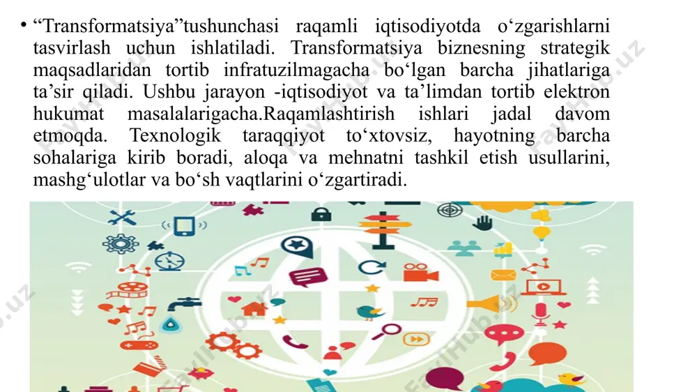 unday qilib, ri - bu asosiy mahsulot va xizmatlarning hayot aylanishi raqamli tasvirga asoslangan iqtisodiyot. raqamli transformatsiya quyidagilarni ta'minlaydi: • raqamli xizmatlarning (moliya, telekommunikatsiya, ijtimoiy tarmoqlar, reklama, ommaviy axborot vositalari) o'sishi • raqobatning kuchayishi • xo'jalik yurituvchi sub'ektlar va davlat organlari faoliyatini boshqarishning shaffofligini • tovarlar va xizmatlarning yanada kengroq va individuallashtirilgan assortimenti • har xil ijtimoiy xizmatlaridan foydalanishni ko'paytirish; • iqtisodiyotda o'z-o'ziga xizmat ko'rsatish raqamlashtirish va sanoat 4.0 kontseptsiyasi dunyoda juda keng tarqalgan bo'lib, amalda ushbu kontseptsiya taqdim etadigan texnologiyalar, ularni qo'llash usullari haqida umumiy tushuncha mavjud va kontseptsiyaning o'zi transformatsiya vositasi sifatida qaraladi. raqamli transformatsiya - bu innovatsion jarayonlarni integratsiyalashgan holda amalga oshirish. jarayon yangiliklari - bu "yangi yoki sezilarli darajada takomillashgan ishlab chiqarish yoki etkazib berish usullarini joriy etish. bu texnologiya, uskunalar va / yoki dasturiy ta'minotdagi muhim o'zgarishlarni nazarda tutadi ". raqamli transformatsiya uchta asosiy komponentga asoslanadi: .raqamli periferik qurilmalar va ma'lumotlarni yig'ish, uzatish, qayta ishlash, …