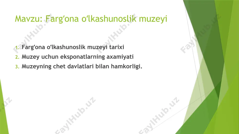 ik muzeyi“ nomi ostida faoliyat koʻrsata boshladi. bu vaqtga kelib eksponatlar soni 15 mingdan oshgan edi. 1951-1960-yillar oraligʻida leningrad universiteti bitiruvchilari va keyinchalik, muzeyda xodim boʻlib ishlagan n. g. gorbunova va b. z. gamburglar izlanishi va oʻlka, fargʻona vodiysiga oid qazilma ishlarini olib borishi natijasida muzey 5000 ga yaqin tarixiy va arxeologik buyumlarga boyidi. oʻzbekiston respublikasi mustaqillikka erishgach, fargʻona viloyatining ijtimoiy hayotida muzeyning roli keskin ortdi. fargʻona vodiysining tarixiy allomalari ahmad al-fargʻoniyning 1200 yillik va burhoniddin al-margʻiloniyning 900 yillik yubileylari “fargʻona tarixi muzeyi” xodimlarning sa’y-harakatlari natijasida amalga oshirildi. oʻzbekiston respublikasi birinchi prezidenti islom karimovning 1998-yil 12-yanvardagi 1913-sonli „muzeylar faoliyatini tubdan yaxshilash va takomillashtirish toʻgʻrisida“gi farmoni[2], vazirlar mahkamasining 1998-yil 5-martdagi 98-sonli „muzeylar faoliyatini qoʻllab-quvvatlash masalalari toʻgʻrisida“gi va 2002-yil 9-yanvardagi „noyob zargarlik sanʼati asarlarini asragan holda foydalanish va saqlanishini taʼminlash bo‘yicha qo‘shimcha choralar toʻgʻrisida“gi qarorlari muzey faoliyatini yanada jonlantirib yubordi hozir muzeyda 5 ta (tarix, tabiat, sanʼat, ilmiy-oqartuv va fond) boʻlim va …