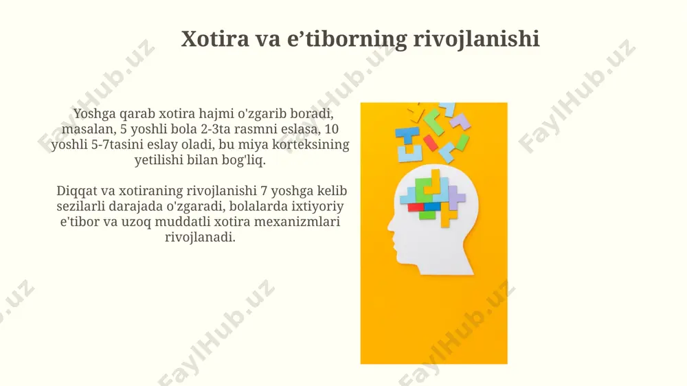 a yozishdagi qiyinchiliklar ushbu sensorli tizimlarning yetarli darajada rivojlanmaganligi bilan bog'liq. o'quv motivatsiyasi va qiziqish o'quv jarayonida qiziqishning saqlanishi uchun, o'qituvchi 20% nazariy ma'lumotlar va 80% amaliy mashg'ulotlarni muvozanatlashtirishi, interaktiv usullarni qo'llashi kerak. o'quv motivatsiyasining 3 ta asosiy turi – ichki (o'z-o'zidan), tashqi (mukofotga yo'naltirilgan) va ijtimoiy (boshqalarning ta'siri) bo'lib, ularning har biri o'quvchilarning 60-70% gacha qiziqish darajasiga ta'sir qiladi. o’quv jarayonini optimallashtirish o'quv jarayonini optimallashtirishda, o'quvchilarning 70% i vizual, 20% auditoriy, 10% esa kinestetik usul orqali ma'lumotni yaxshiroq qabul qilishini hisobga olish muhim. metakognitsion strategiyani qo'llash, ya'ni o'z o'rganish jarayonini monitoring qilish va boshqarish (masalan, 25 daqiqali o'qishdan keyin 5 daqiqali tanaffus) o'quv samaradorligini sezilarli darajada oshiradi. e'tiboringiz uchun rahmat @taqdimot_robot image2.jpg image3.jpg image4.jpg image5.jpg image6.jpg image7.jpg image8.jpg image9.jpg image10.jpg image11.jpg image12.jpg
