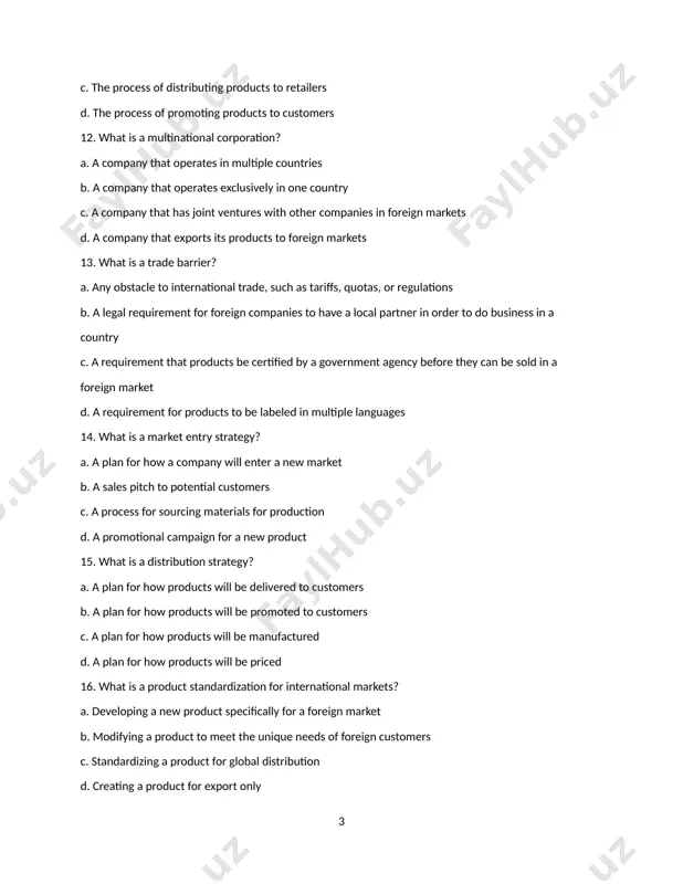 ll be promoted to customers c. a plan for how products will be manufactured d. a plan for how products will be priced 16. what is a product standardization for international markets? a. developing a new product specifically for a foreign market b. modifying a product to meet the unique needs of foreign customers c. standardizing a product for global distribution d. creating a product for export only 17. which of the following best describes a global marketing strategy? a. a standardized approach to marketing that ignores cultural differences b. an approach that focuses on adapting products to meet the unique needs of every foreign market c. an approach that balances standardization with local adaptation to achieve a consistent brand image d. an approach that focuses exclusively on selling products in domestic markets 18. what is an international pricing strategy? a. a plan for how products will be priced in …