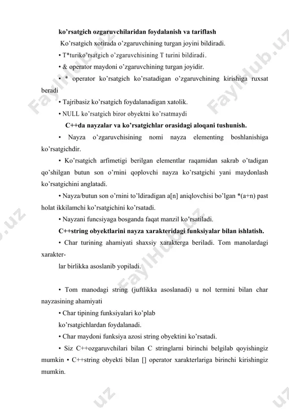 double primes[] = { 2, 3, 5, 7, 11, 13 }; double* p = primes + 3; quyidagi ifodalanishning manosini tushuntiradigan diagramma chizish: a. primes[1] b. primes + 1 c. *(primes + 1) d. p[1] e. p + 1 r7.7 asosiy nayzani tariflash double primes[] = { 2, 3, 5, 7, 11, 13 }; xotirada joyni 20300 da boshlash a. primes b. *primes c. primes + 4 d. *(primes + 4) e. primes[4] f. &primes[4] r7.8 asosiy nayzani tariflash double primes[] = { 2, 3, 5, 7, 11, 13 }; 7,2,3 sohadagi muhokama qilingan funksiyalarni yig’indisini hisoblash b. sum(primes, 4); c. sum(primes + 2, 4); d. sum(primes, 0); e. sum(null, 4); r7.9 asosiy nayzani tariflash double primes[] = { 2, 3, 5, 7, 11, 13 }; xotira joyini 20300dan boshlash funksiya asosini sum(primes, 4), deb nomlash 318 betdagi tariflangan 7.2 maxsus turdan foydalanish sizning asosiy stolinggiz a, size, total, p, …