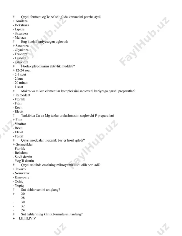 alveolyar indeksi (pma) · soddalashtirilgan gigiyenik indeksi (grin- vermillion 1969) · og`iz bo`shlig`ining gigiyenik indeksi · shiller-piserev sinamasi sonlar ahamiyatini aniqlash · hamma javob to`g`ri # parodontal indeks (pi) · parodont kasalligini davolashdagi muhtojlik indeksi · fyodorov-volodkina usulii orqali aniqlanadi · baholash 5 balllik sistema orqali amalga oshiriladi · shpatel yordamida aniqlanadi · hamma javob to`g`ri # qaysi ko`rsatkichda gi 5 ball bilan baholanadi? · tish tojini hamma yuzasi bo`yalganda · tish tojini ¾ qismi bo`yalganda · tish tojinr ½ qismi bo`yalganda · tish tojini ¼ qismi bo`yalganda · tish toj qismi bo`yalmagan holatda # shiller-pisarev sinamasi · milkda glikogenni hosil bo`lishiga asoslangan · yallig`lanish jarayonini chuqurligini aniqlashda · tish qimirlash darajasini aniqlashda · kariyesni aniqlashda · to`g`ri javob yo`q # fyodorov-volodkina indeksini aniqlashda kaysi tishlar bo`yaladi? · 43,42,41,31,32,33 · 23,22,21,43,42,41 · 16,12,11,26,22,21 · 36,32,31,26,22,21 · 24,25,26,34,35,36 # parodont to`qimasini o`zgarishi qaysi indeks yordamida aniqlanadi? · pi · kro+kp · …