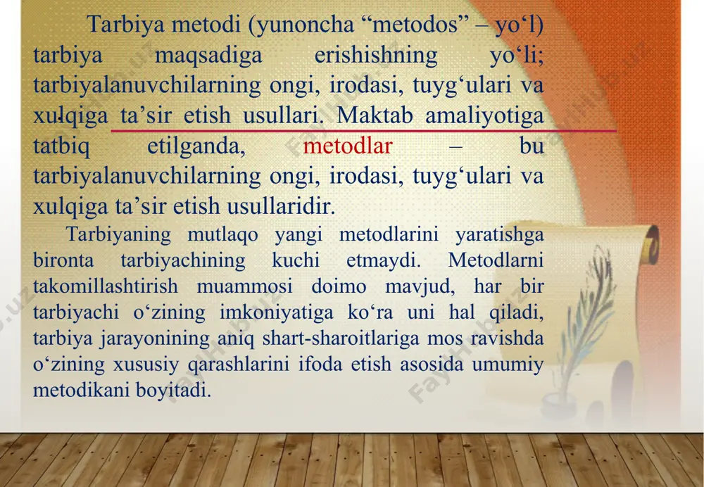 soniy sifatlar, foydali faoliyat tajribalari va ko’plab axloqiy fazilatlar shakllantiriladi. tarbiya metodlari muammosining murakkabligidan kelib chiqib, ilmiy asoslangan tasnif mavjudki, bu masala turli pedagogik adabiyotlarda turlicha munozaralarga sabab bo’lmoqda. o’rganilayotgan mavzu uchun ajratilgan vaqtning chegaralanganligi va oldimizda turgan maqsad yo’nalishining o’zgacha ekanligini hisobga olib, ushbu masala yuzasida keng tahlilga berilmadik. shu jihatdan tarbiya metodlari jamiyat oldida turgan maqsadlardan kelib chiqishini hisobga olgan holda, pedagogik fanlarda mavjud bo’lgan tarbiya metodlariga oid ilmiy imkoniyatlar, uslubiy manbalardan foydalanish orqali ushbu masalaga oydinlik kiritishga harakat qilindi. tarbiya metodlari quyidagi guruhlarga bo’linadi: tarbiya metodlarini tanlashga nisbatan qo’yiladigan talablar. tarbiya metodlarining tuzilishi va tanlanishini belgilovchi bog’liqliklar ichida birinchi o’rinda uning jamiyat ideallari va tarbiya maqsadlariga muvofiq kelishi turadi. tarbiyachi amaliy faoliyatida tarbiya metodlarini tanlashda, odatda, tarbiya maqsadlari va uning mazmuniga tayanadi. konkret pedagogik vaziyatlardan kelib chiqib, tarbiyachi qanday metodlardan foydalanishni o’zi hal etadi. bu metod xoh mehnat ko’nikmasini ko’rsatish bo’lsin, xoh ijobiy na’muna yoki mashq bo’lsin, …