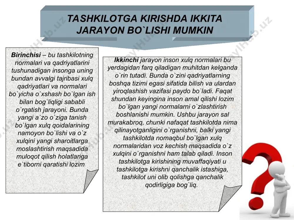oqibatlarga qarab uning xulqiy reaktsiyasi ushbu reaktsiyani kuchaytirish va unga barqarorlik ato etish maqsadida mustahkamlanadi yoki undan voz kechiladi. amalga oshirilgan xatti-harakatni mustahkamlash yoxud undan voz kechish inson xulqini shakllantirishda o`ta muhim rol’ o`ynaydi, chunki insonning xulqini ongli ravishda to`g`rilash yoki tashkilot uchun istalgan yo`nalishga o`zgartirish u orqali kechadi. inson harakatlarining oqibatlari u o`zini qanday tutganligiga, u nima qilganligiga bog`liq. biroq, ular insonning harakatlariga baho berayotib, uning sa`y-harakatlari uchun kompensatsiyani amalga oshiruvchi insonlarga bevosita bog`liq. mazkur holatda kompensatsiya keng ma`noda insonning xulqiga nisbatan tashqi reaktsiya sifatida tushuniladi. u shunda namoyon bo`ladiki, inson o`zi amalga oshirgan harakatlar natijasida nimanidir qo`lga kiritadi, nimanidir yo`qotadi, nimgadir erishadi yoxud nimgadir erishmaydi. kompensatsiya moddiy mukofotlash yoki jazolashdan tortib to so`z bilan ma`qullash yoxud ayblashgacha – turli ko`rinishlarda amalga oshirilishi mumkin. u o`zini tutishni o`rganish uchun muhim ahamiyatga ega, chunki amalga oshirilgan xatti-harakatning mustahkamlanishiga yoxud undan voz kechish yuz berishiga katta ta`sir ko`rsatadi. insonga uning harakatlarining …